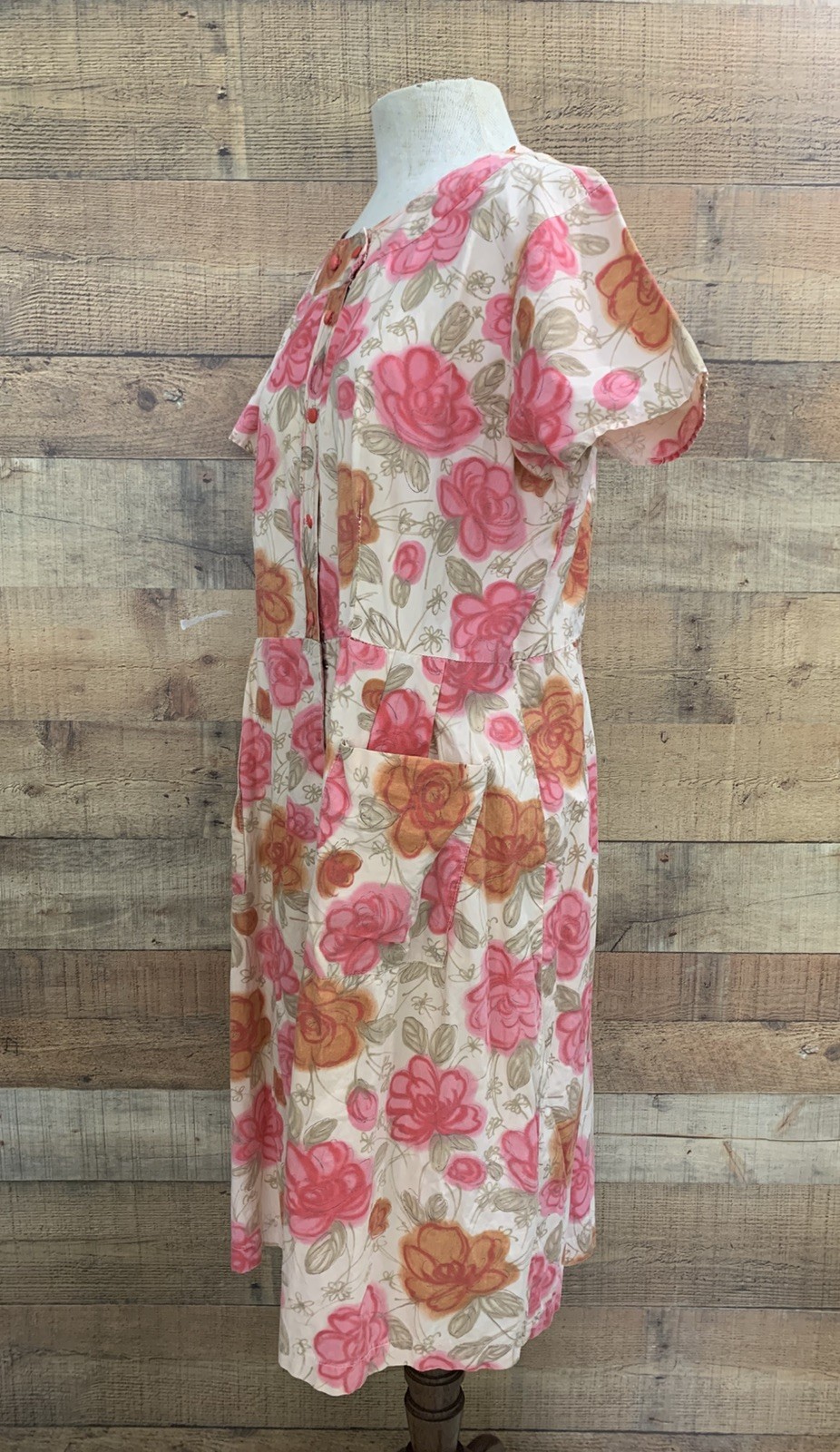 Vintage 1950’s Cotton Button Front Floral Dress Bust 44”/38”Waist
