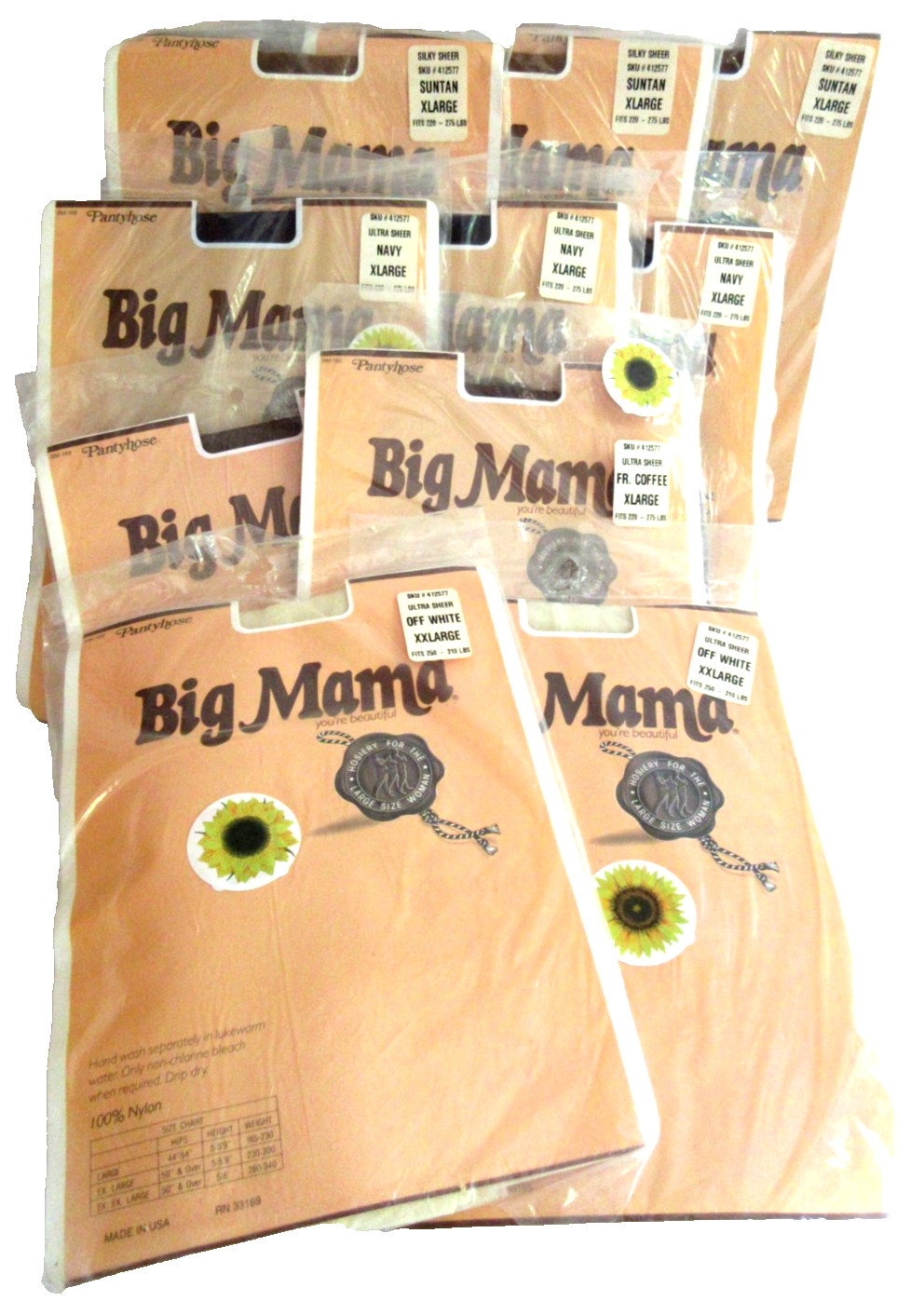BIG MAMA Pantyhose Lot of 10 Pairs XL 220-275 lbs. + XXL 250-310 lbs. Vintage