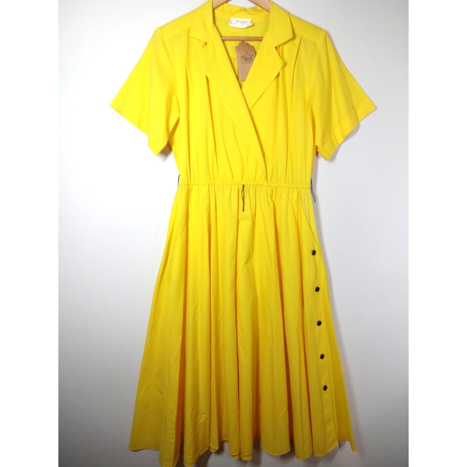 Vintage Seret Wrap Midi Dress Women 9/10 Yellow Short Sleeve Retro Mod Classic