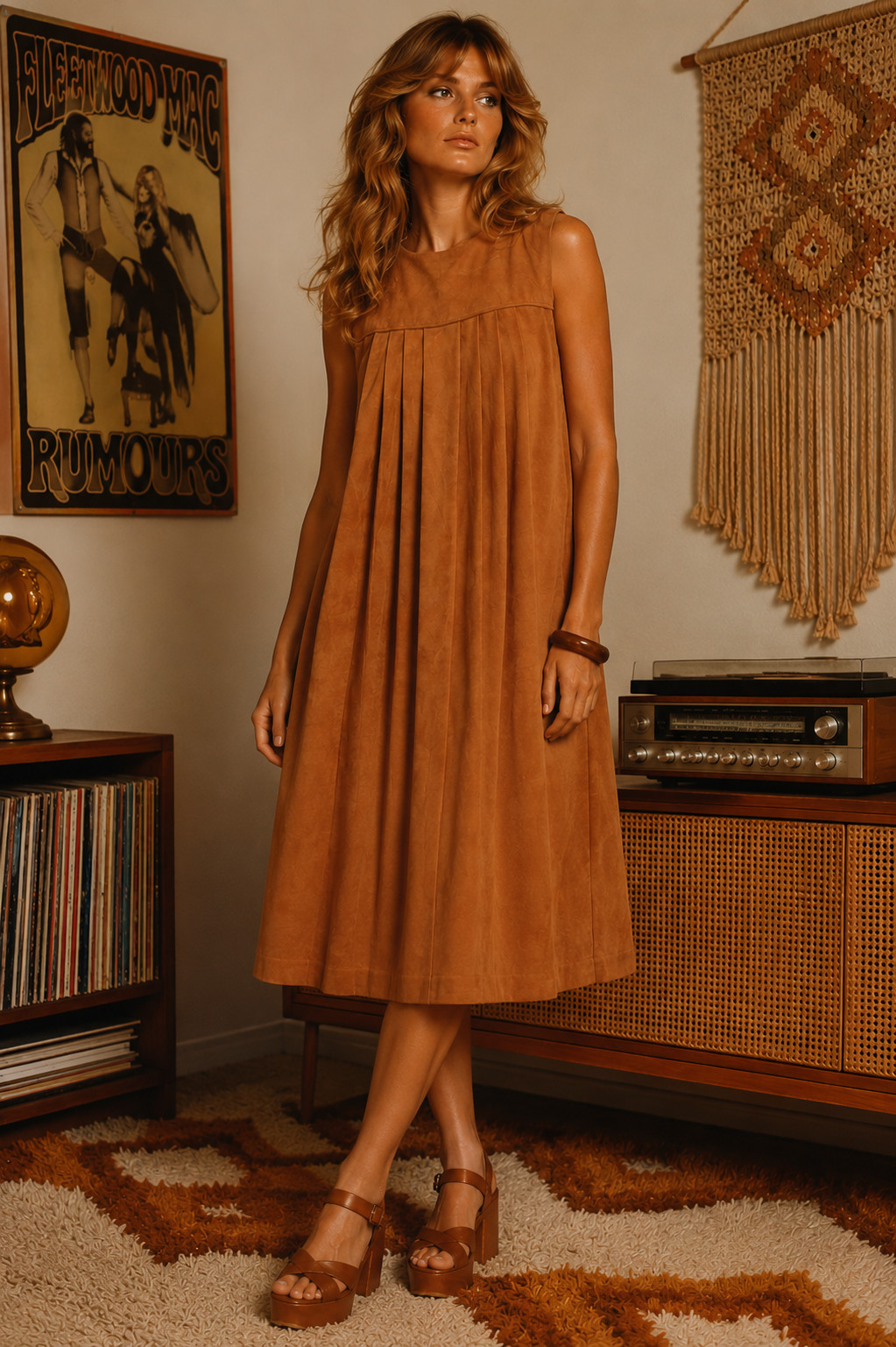 Vintage 70s Dan Howard Brown Faux Suede Pleated Midi Dress Boho Mod 10