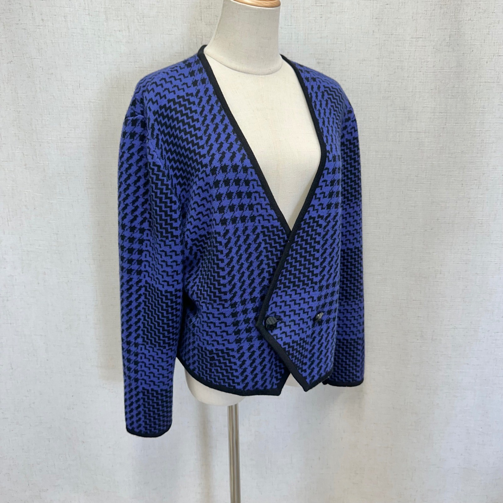 Ciao Ltd Vintage Cardigan Womens Large Blue Black Houndstooth Wool Blend Knit