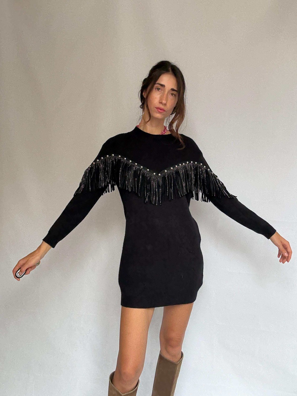 Western black mini dress, Embellished fringe short spring dress, Retro 90s vinta
