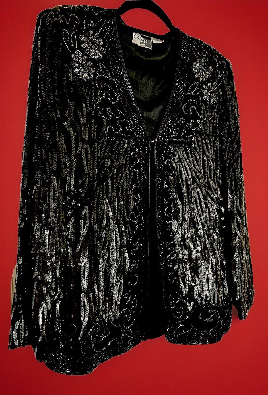 Vintage Carina Size L Jacket 100% Silk Black Sequin & Iridescent Seed Bead