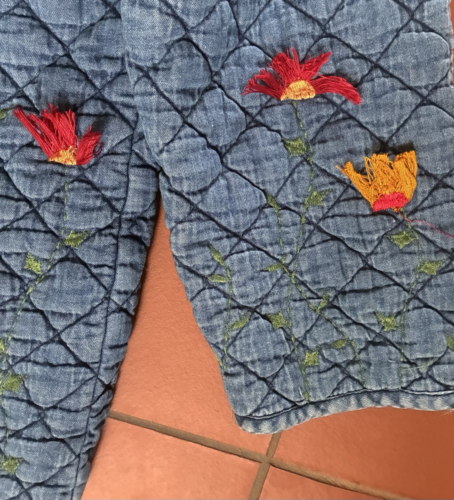 Vintage 90s Maggie Barnes Petites Quilted Embroidered Denim Jacket Floral 24WP