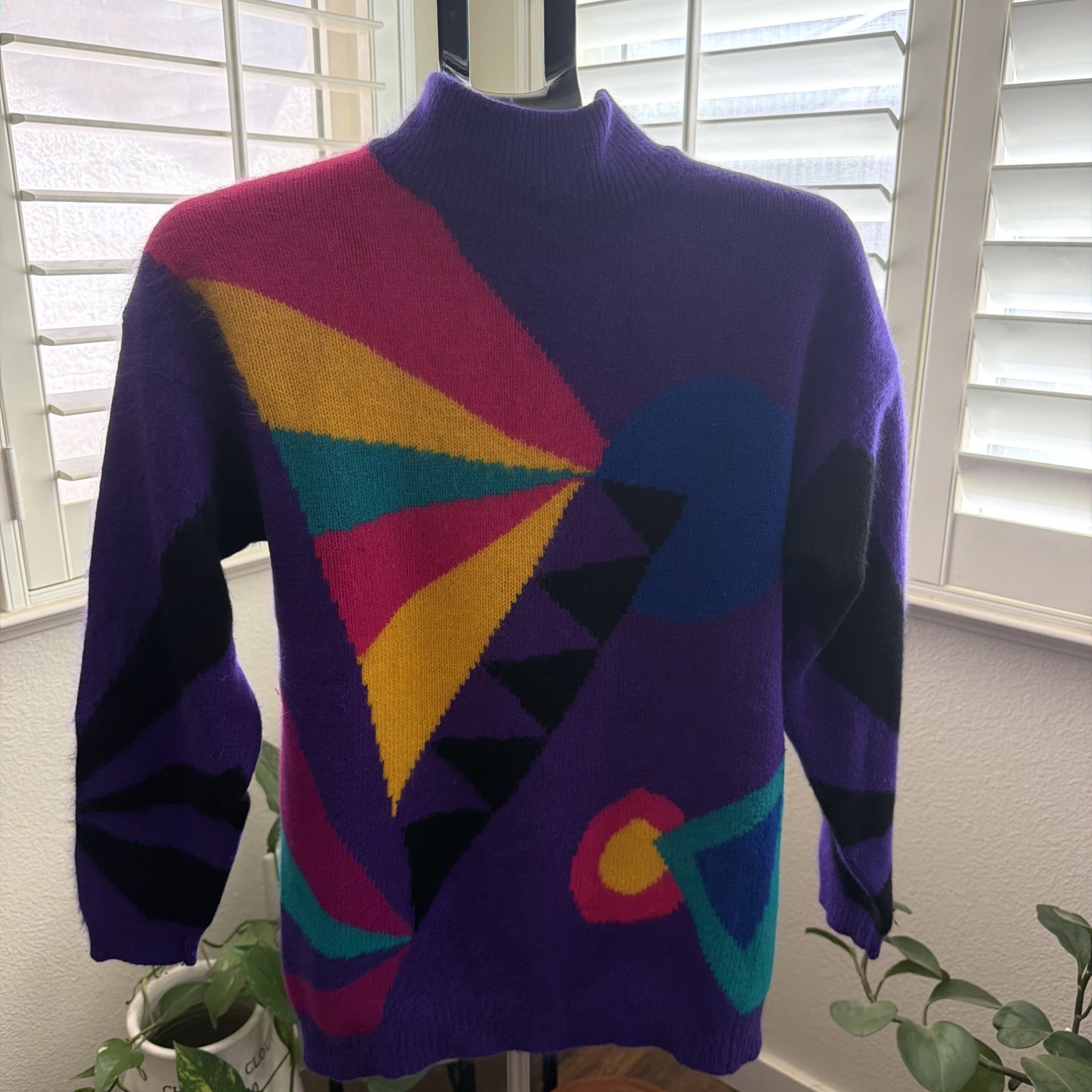 Vintage Rafaella Angora Lambswool Blend Mock Neck Geometric Sweater Colorful M