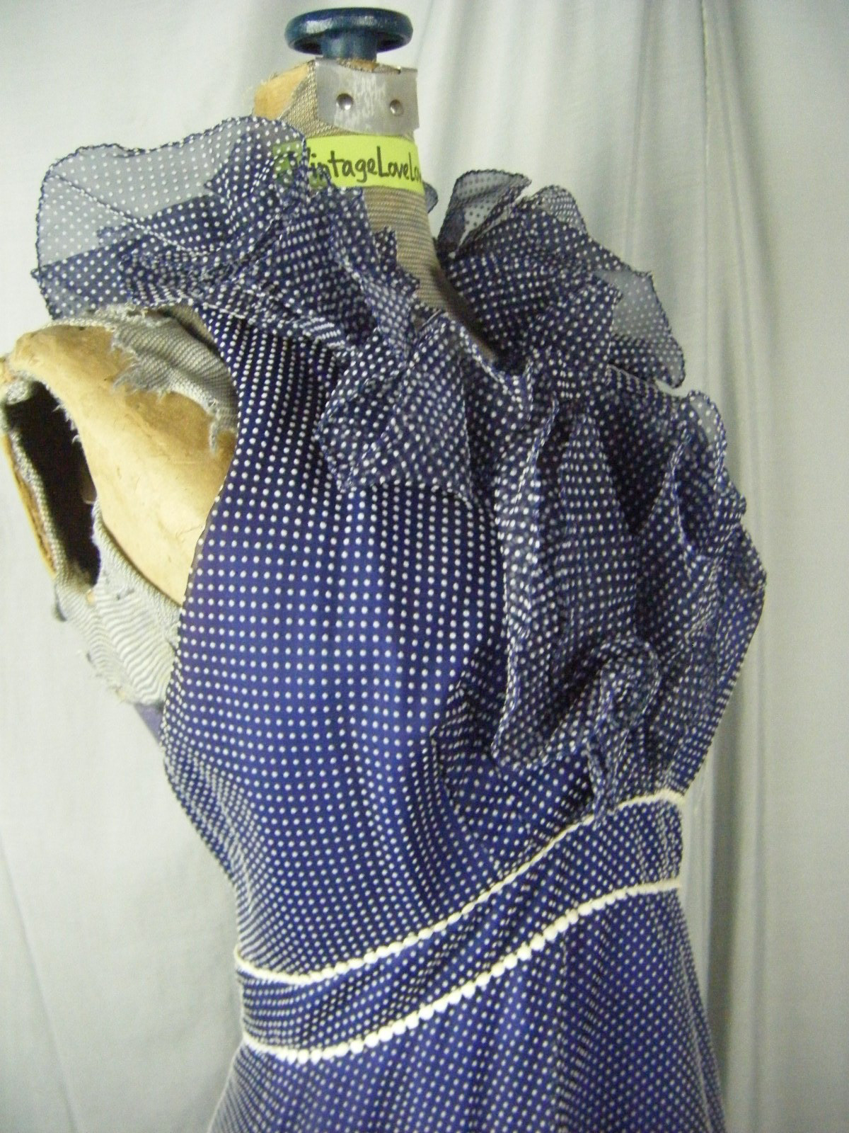 MIKE BENETT FORMALS Vtg 70s Navy Felt Dots Ruffle Halter Dress-Bust 34/XS