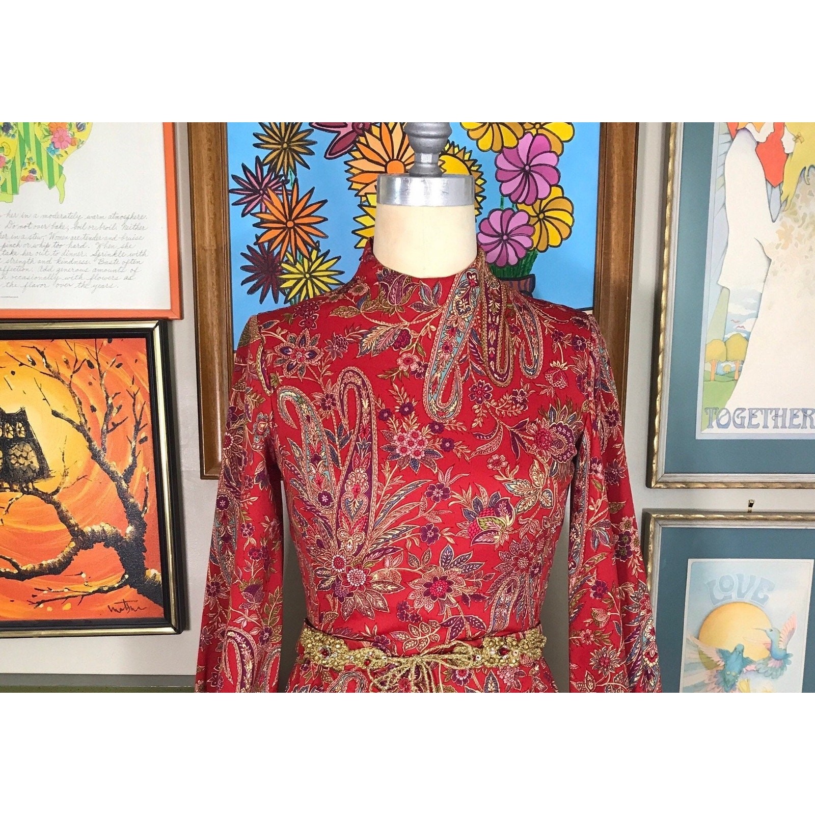 Shannon Rodgers Jerry Silverman Vintage 1970s Red Paisley Floral Maxi Dress Belt