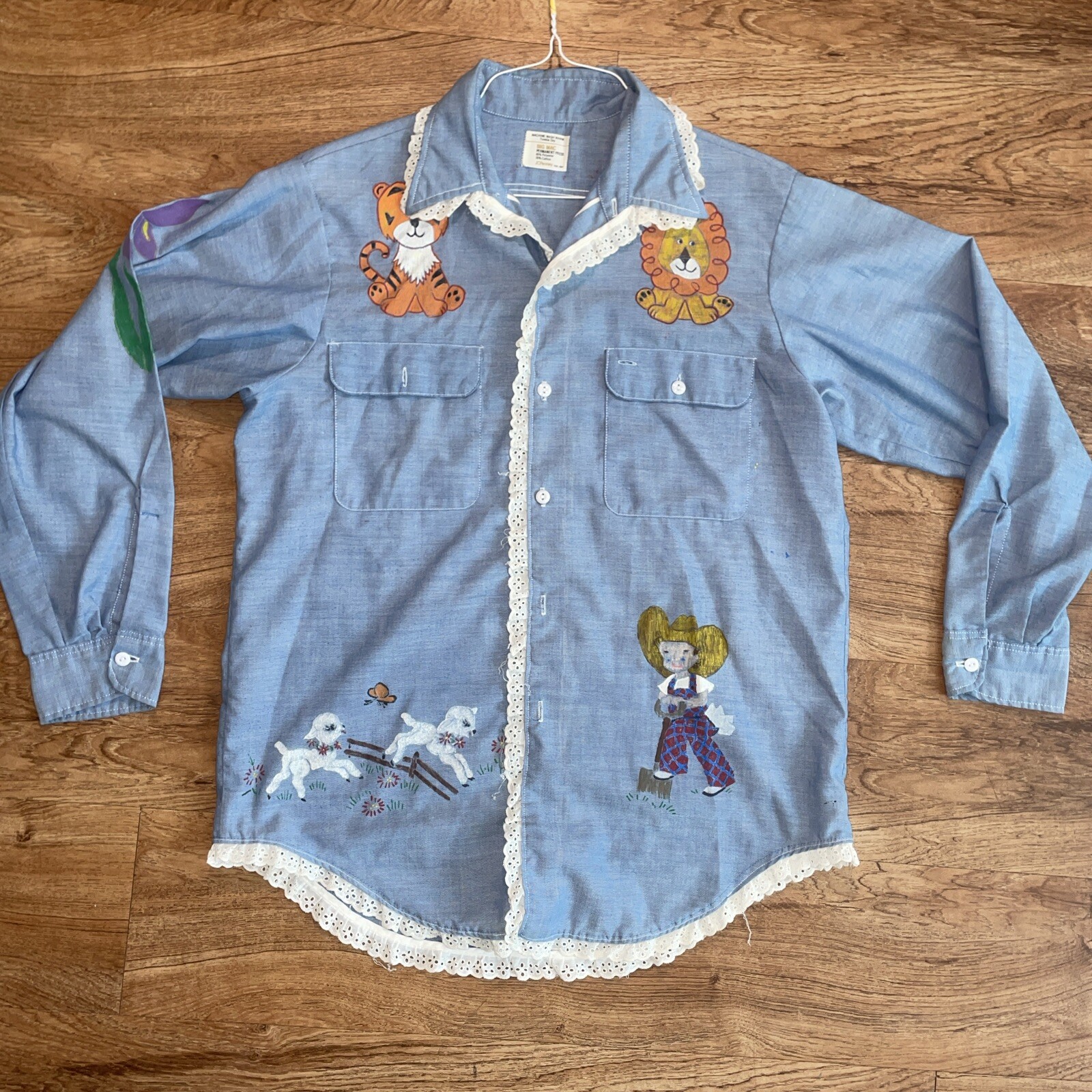 VTG BIG MAC Shirt Hand Painted 70s Long Sleeve Button Up Woman Size XL