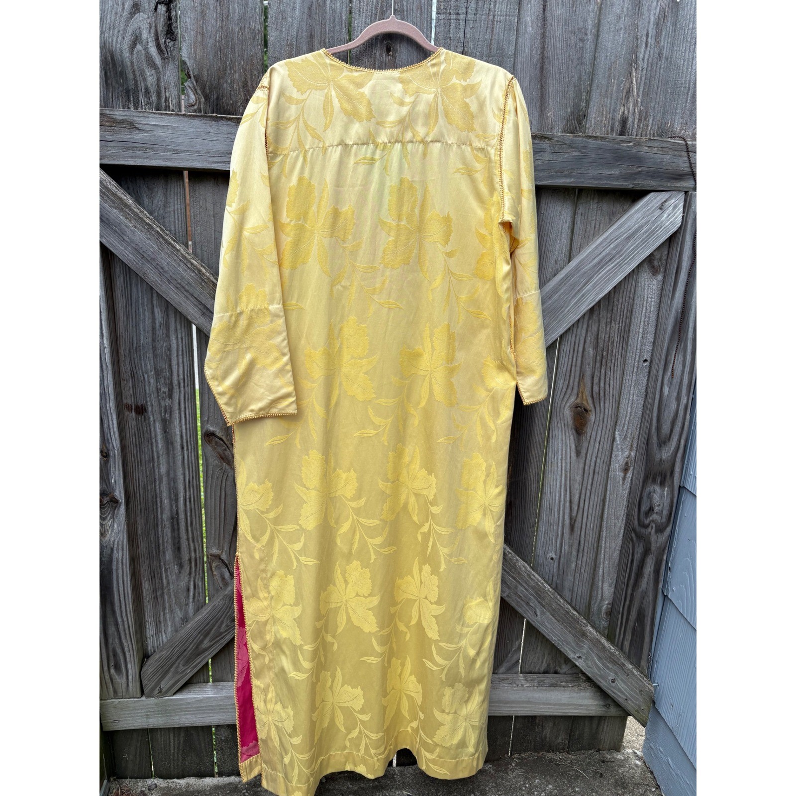 Vintage 100% Cotton Fernando Sanchez Kaftan Yellow Pink Floral Damask Robe Maxi