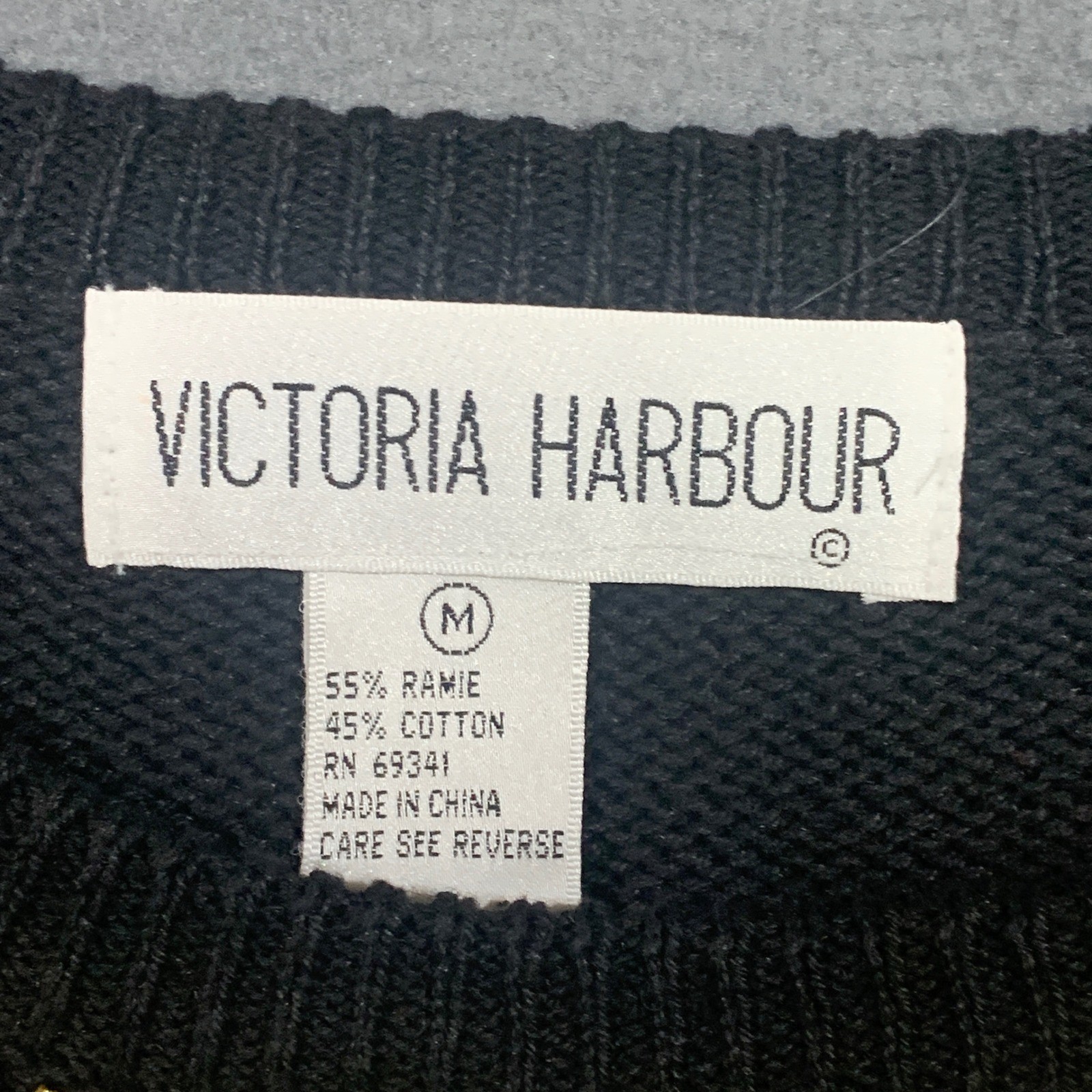 Vintage Victoria Harbour Black Gold Beaded Sequin Floral Knit Sweater Womens M