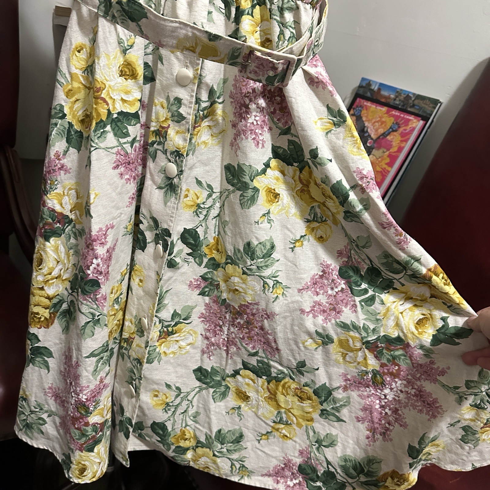 Vtg 80s California Looks Floral Midi Dress Cotton Linen Belted Made in USA 12P