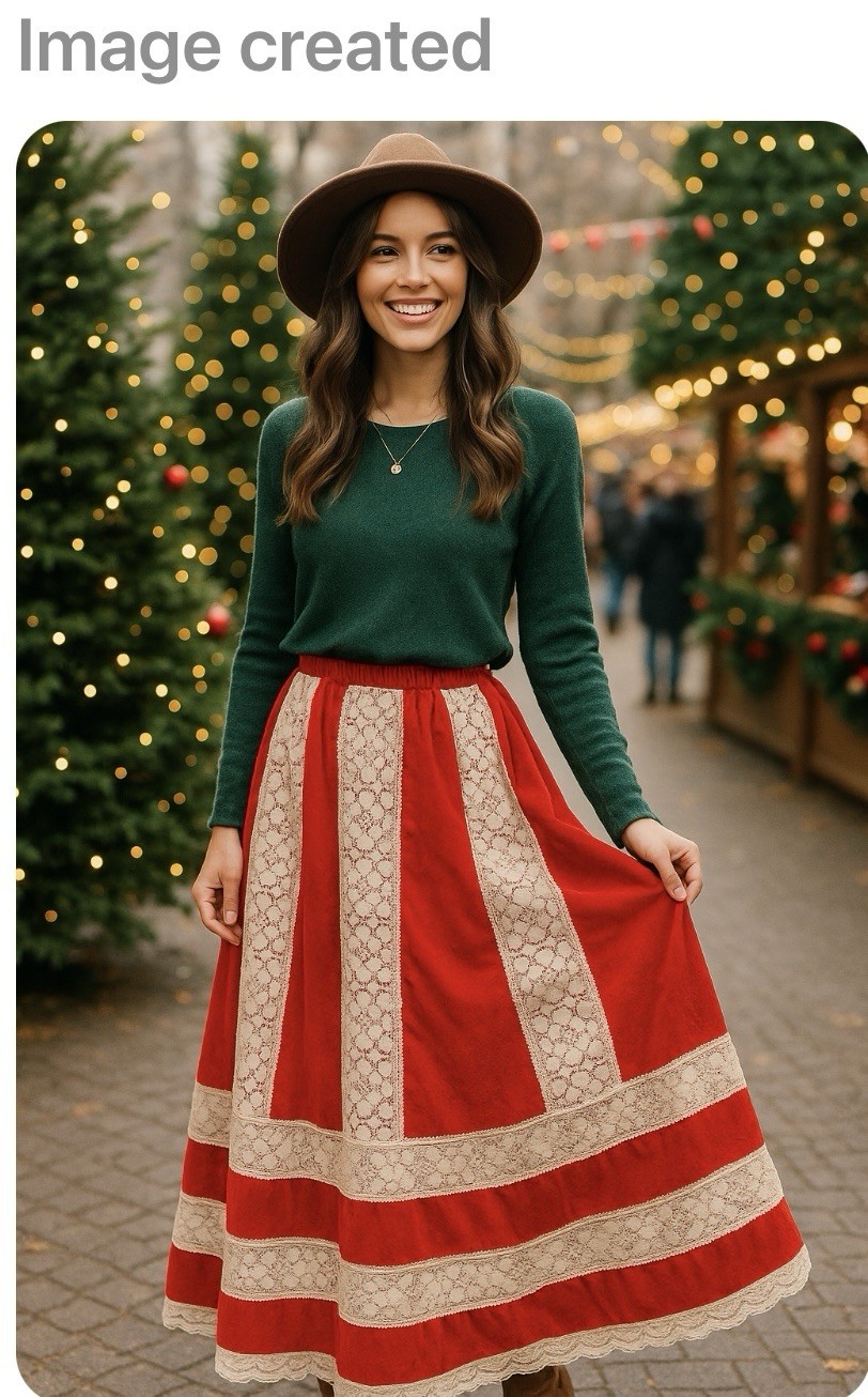 70s Red Velveteen Lace Prairie Revival Skirt Christmas Mrs. Claus Festival READ