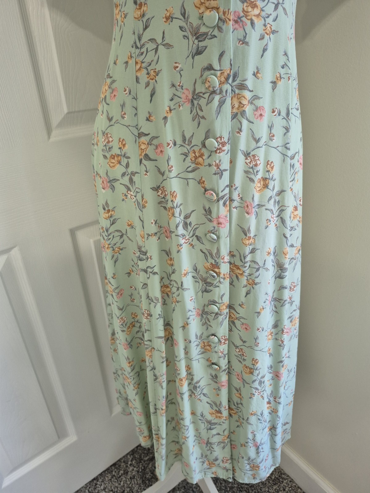 Vintage 80s Ed Michaels Rayon Tea Dress Mint Green Floral Cottagecore Midi M/L