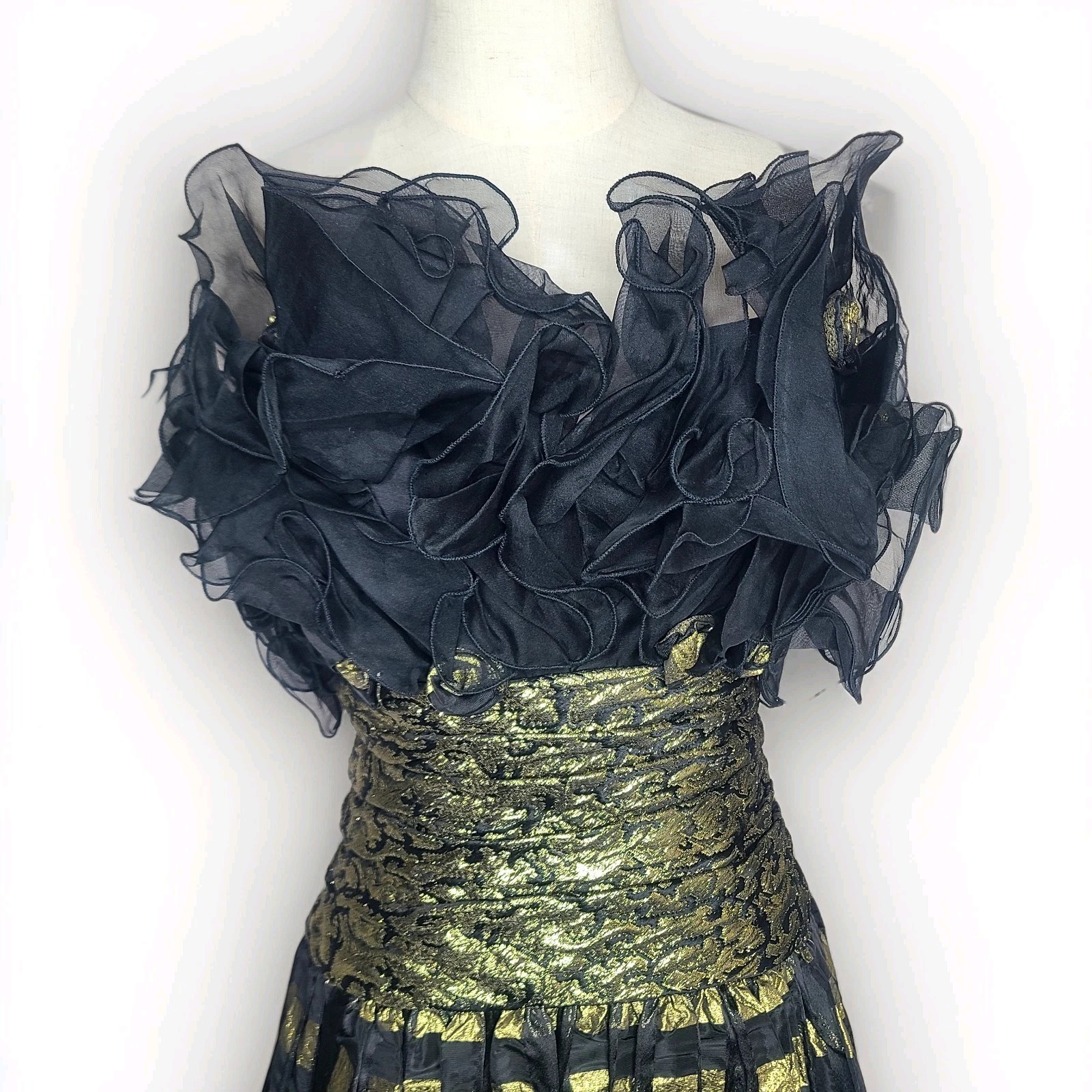 Vtg Eugene Alexander Black Gold Evening Formal Maxi Pleated Ruffle Top Dress 4