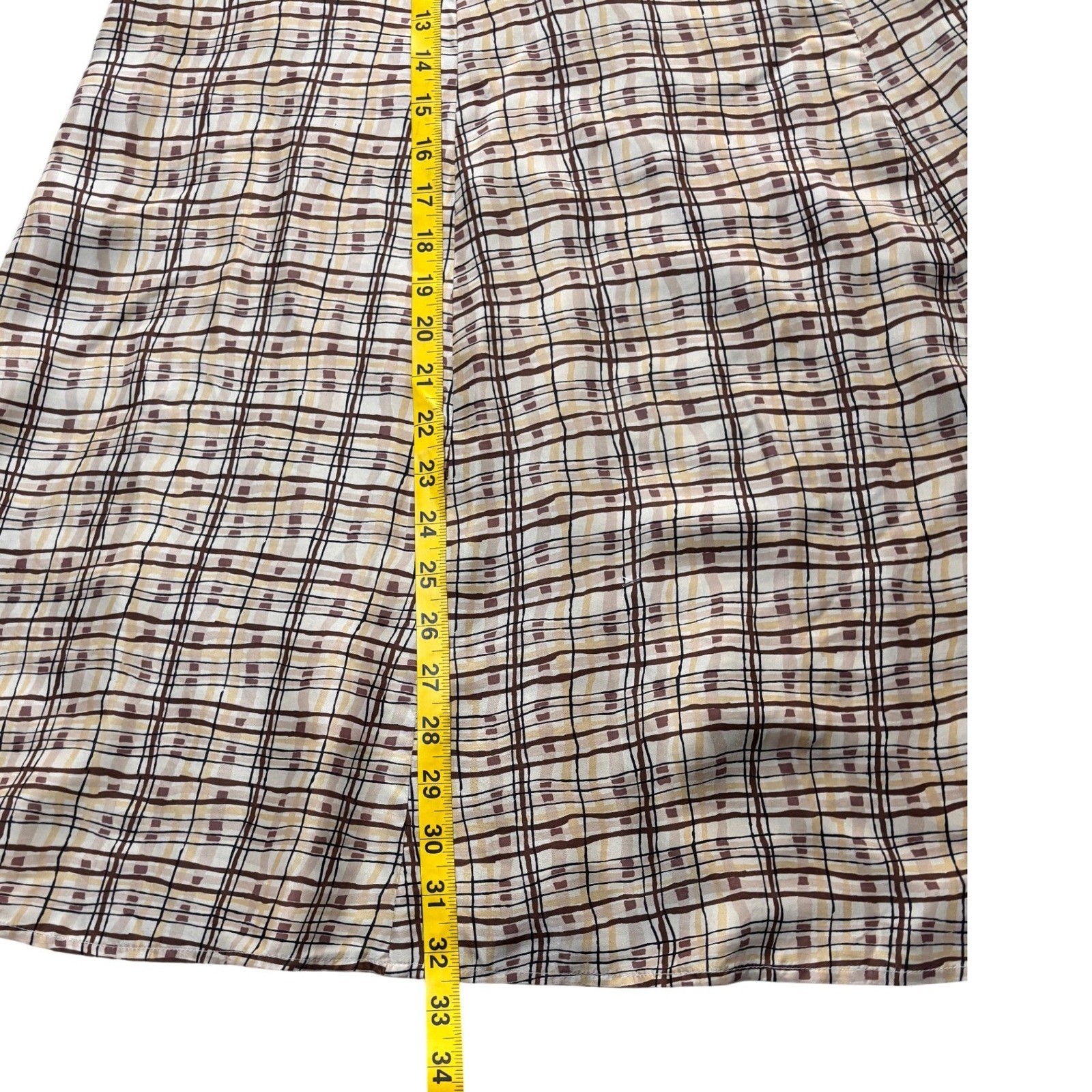 Plaid A-Line Melrose Studio Petites Button Side Tan Brown Midi Skirt Vintage