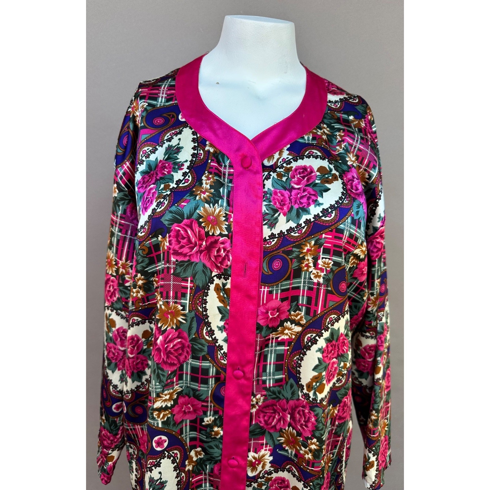Vintage Dora C Night Shirt M Satin Floral Plaid Paisley Grandmacore Pink 80s