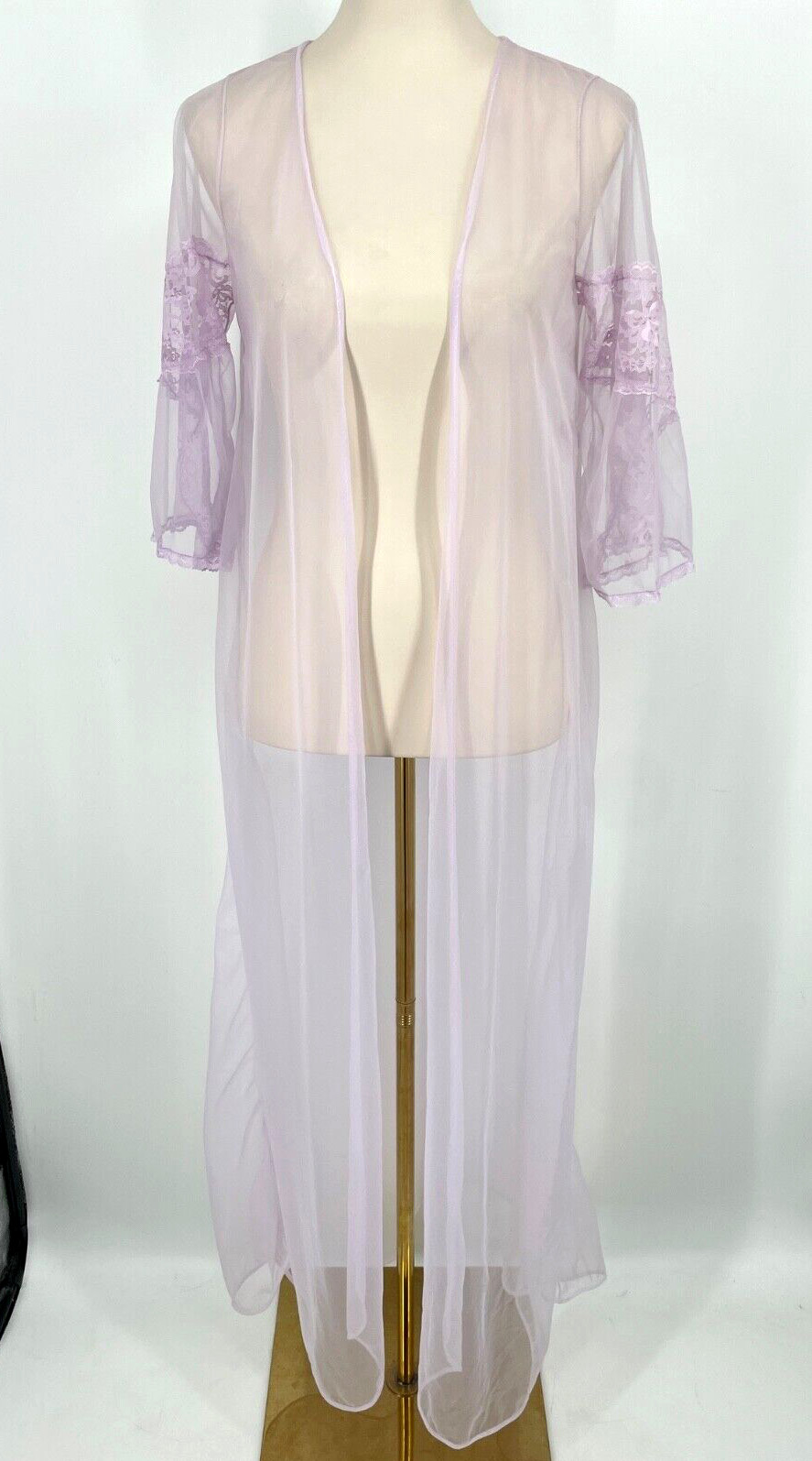 VTG size S/M Lace/Chiffon Long Nightgown robe open front 100% Nylon lilac 1960s