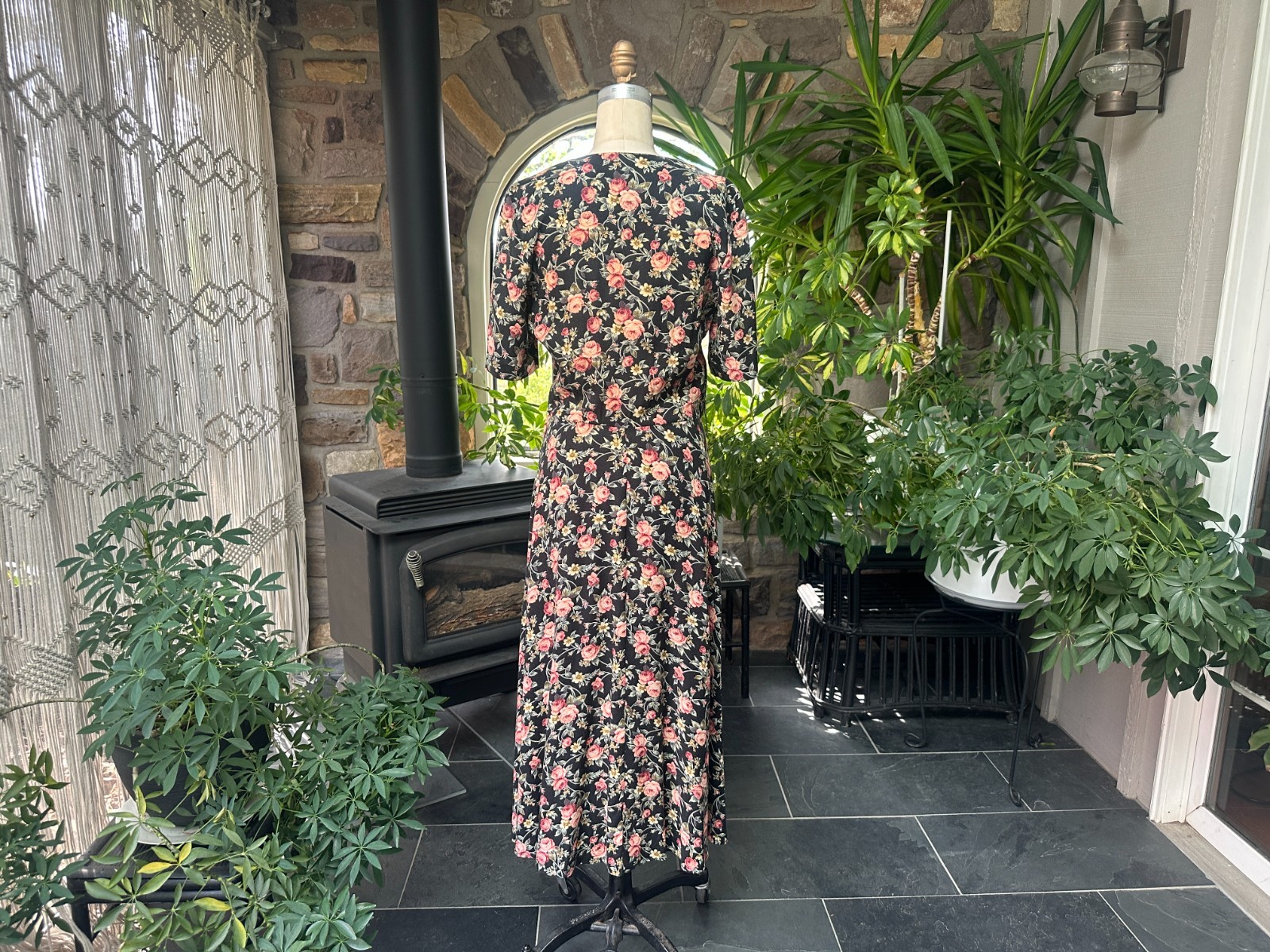 Vintage 1980s Black Pink Green Floral Rayon Dress