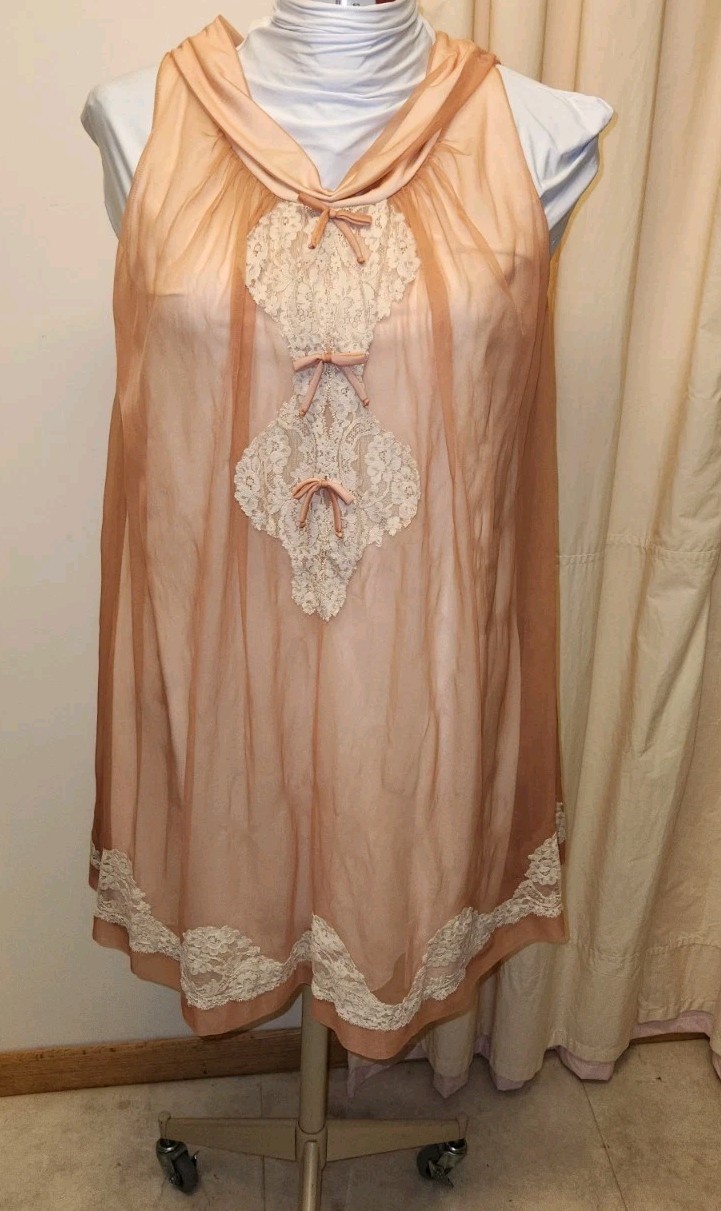 Vntg60s Sheer Nylon&Lace Jenelle of California Peignoir Nightgown*Dusty Rose*Med