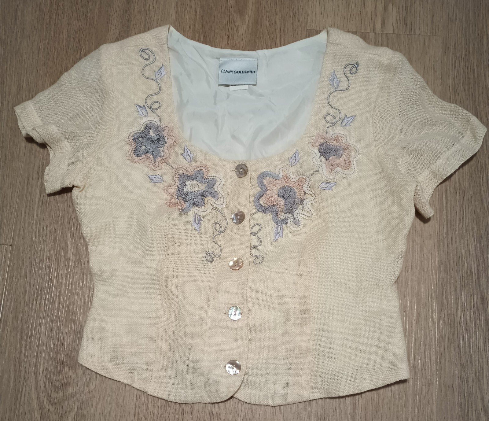 Vtg 80s DENNIS GOLDSMITH Beige Linen Gauze Mother of Pearl Buttons Crop Top M