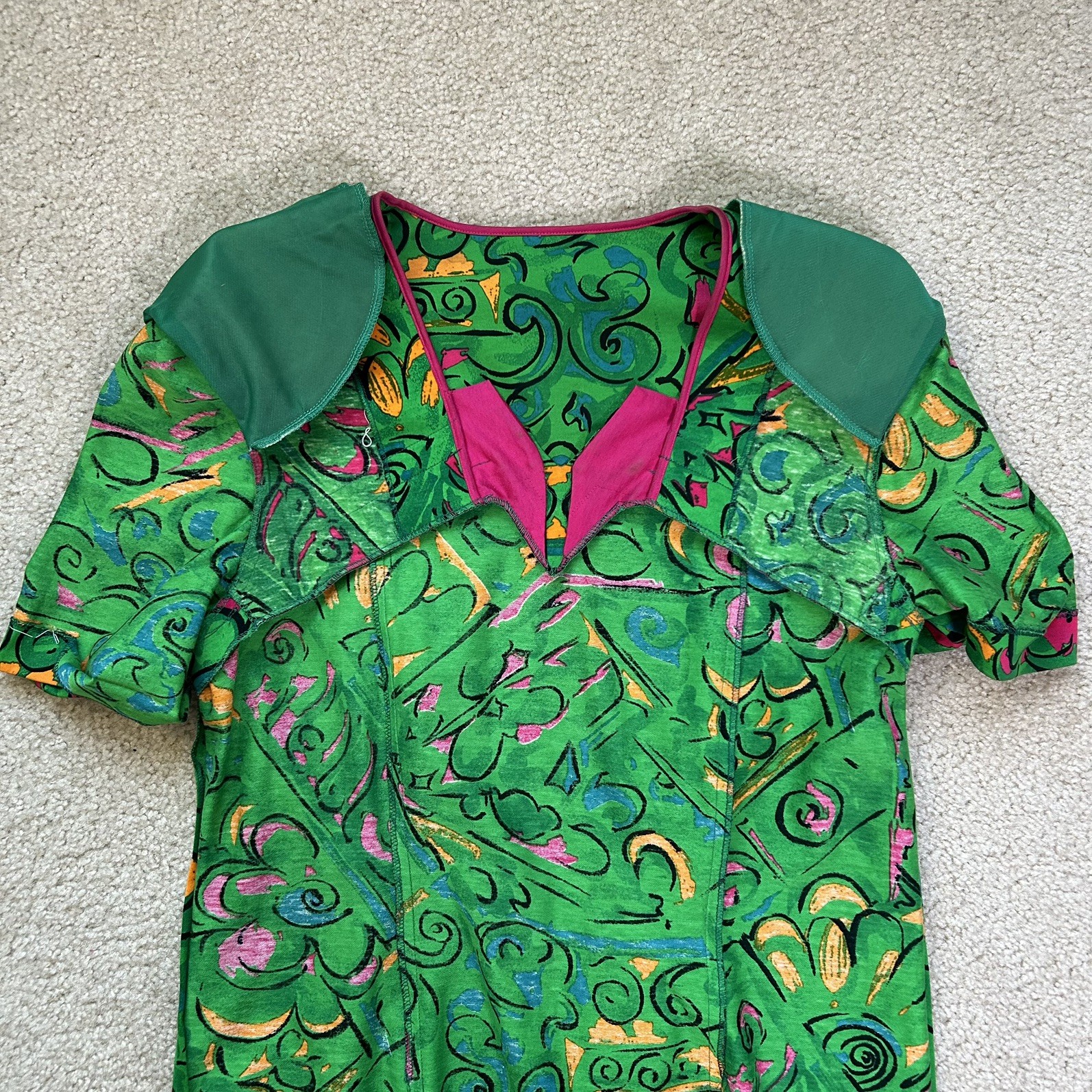 Italy VTG 60s 70s Psychedelic Mod Shift Dress Green Pink Avant-Garde Statement