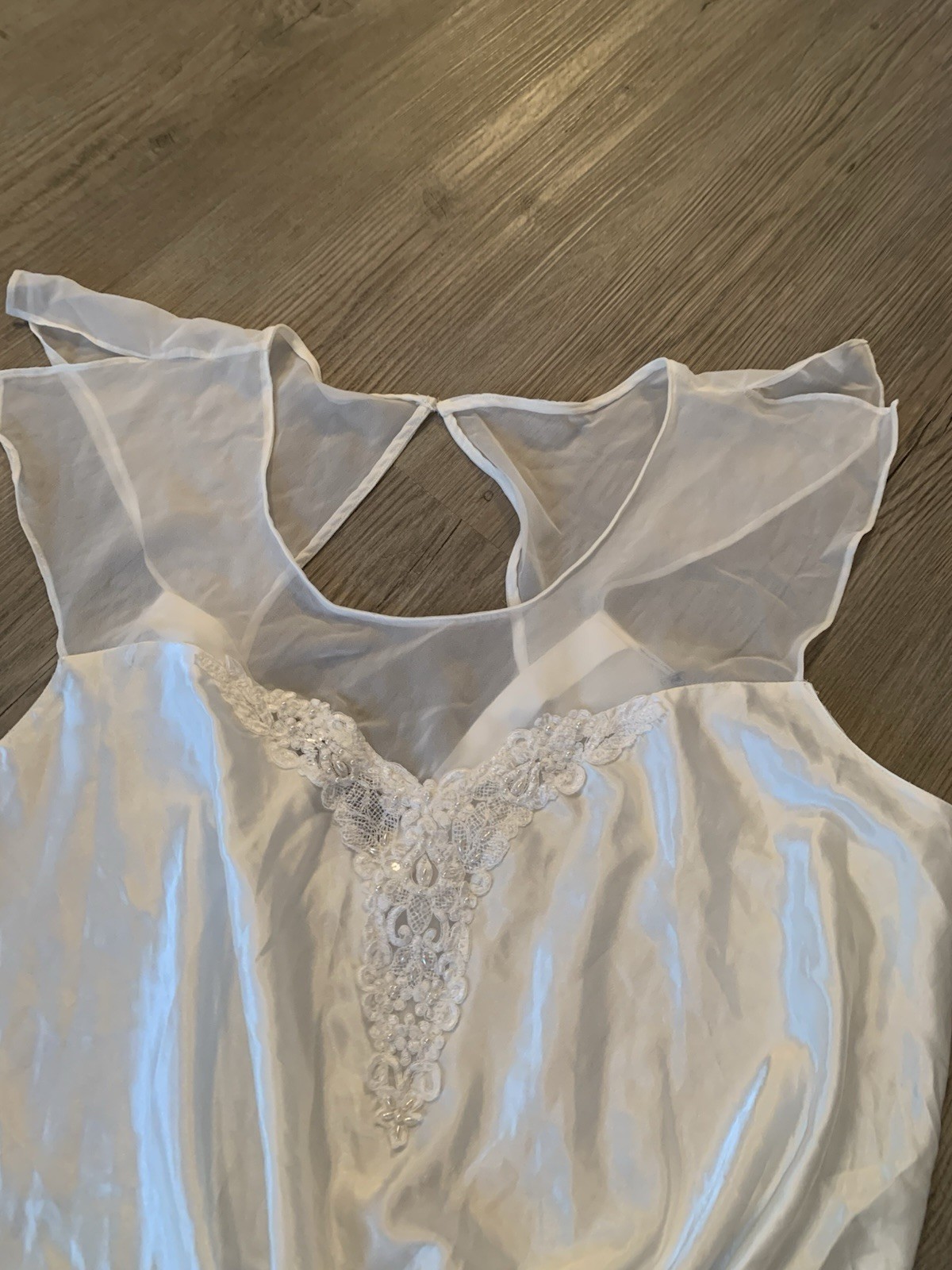 Vtg GLOSSY White Satin Woman’s Plus Size Long Nightgown Lingerie Beaded 52” Bust