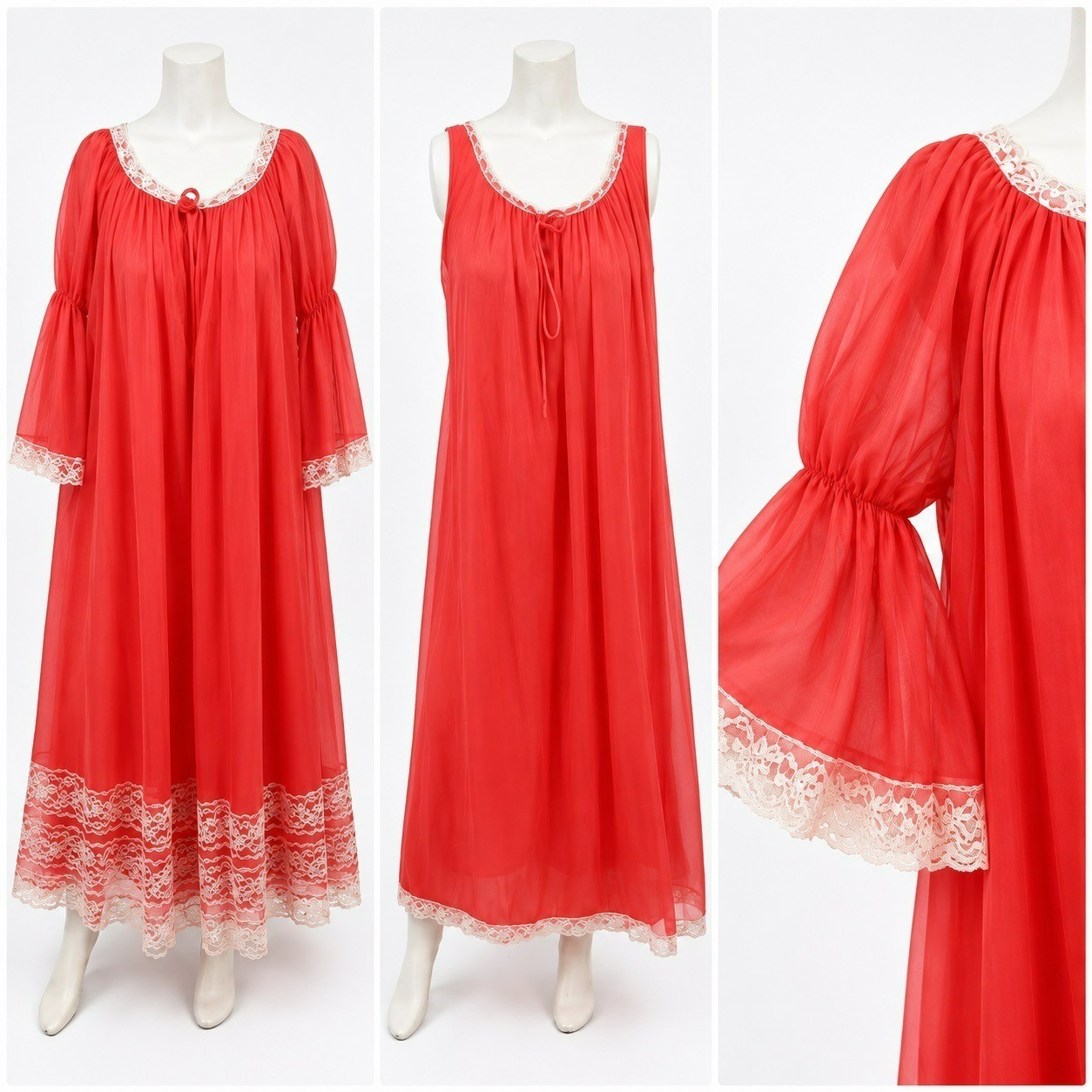 VTG L/XL Miss Elaine Coral Db Sheer Chiffon Peignoir Robe Nightgown Set Bell Slv