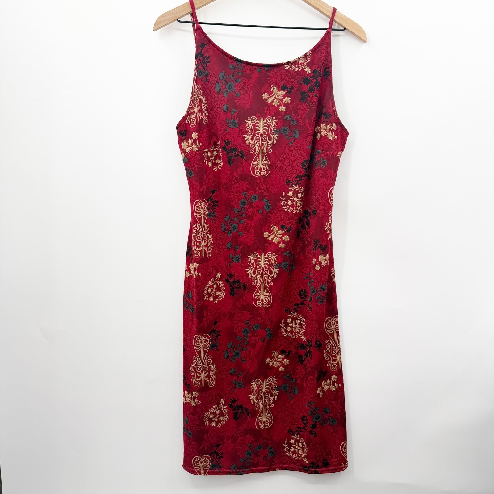 Vintage Y2K Whimsygoth Midi Dress in Red Floral Baroque Print Size M