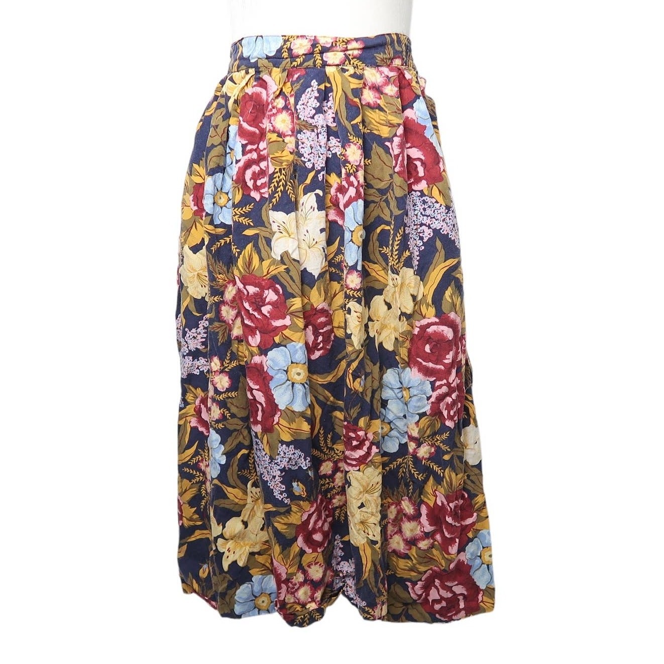 Vintage 90s Bechamel navy blue and pink floral print full midi skirt 6