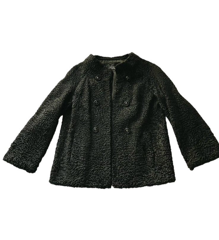 Vintage 1950s Albrecht Black Persian Lamb Fur Coat Curly Swing Belted