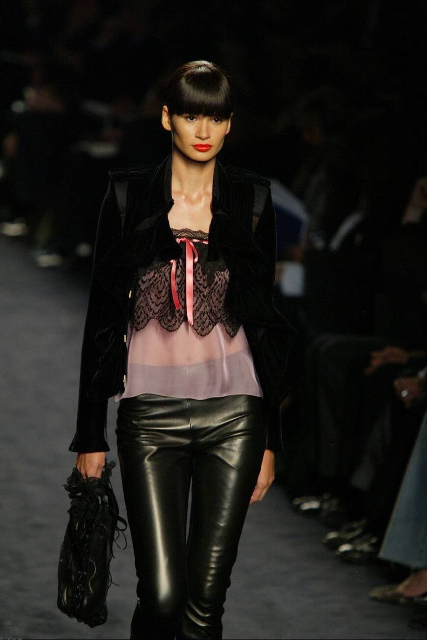 Vintage YSL YVES SAINT LAURENT Velvet Ruffle Jacket 36 38 Black Mesh Panel 2003