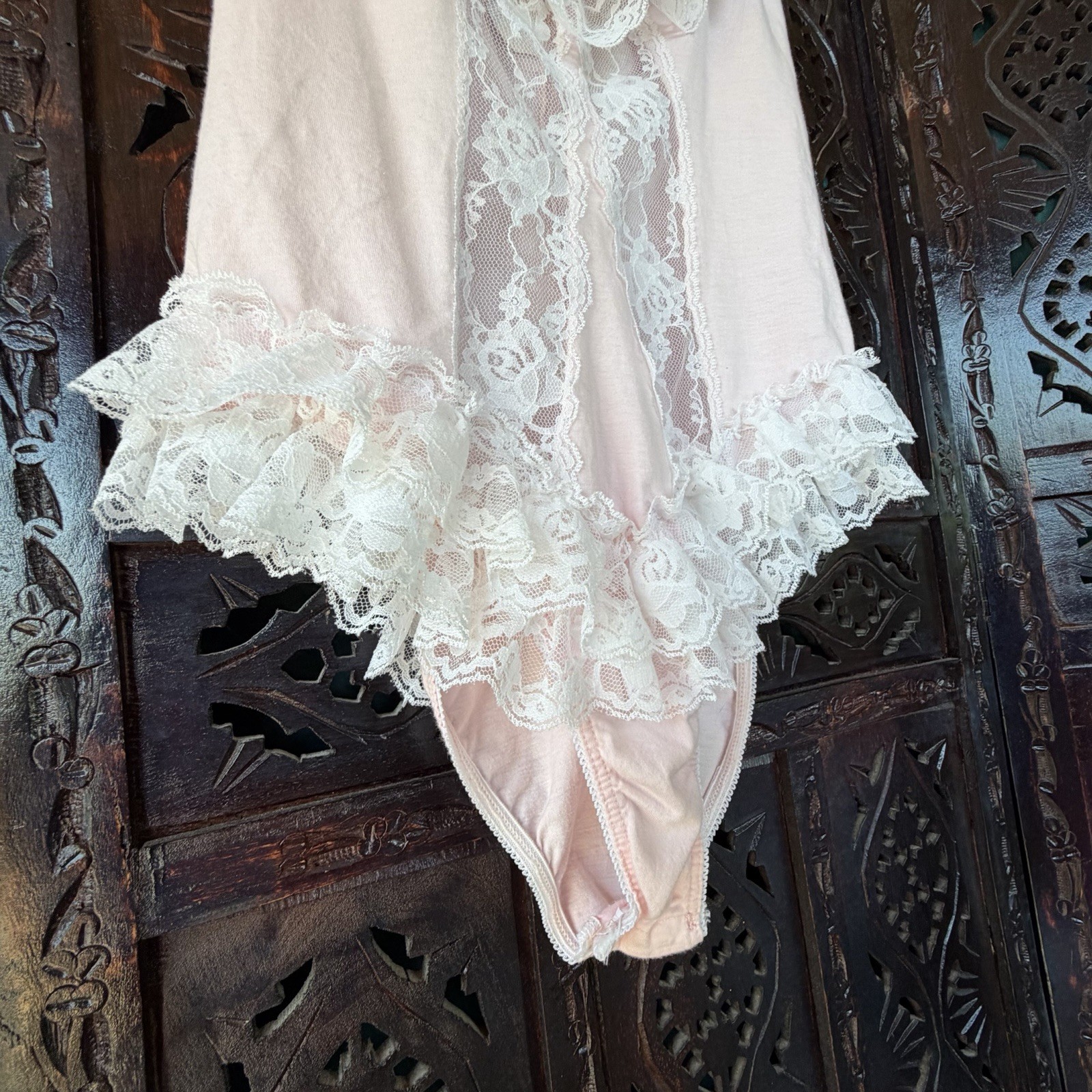 VTG Pink Teddy 100% Cotton Womens M Body Suit Lace Langerie Ruffle Coquette USA