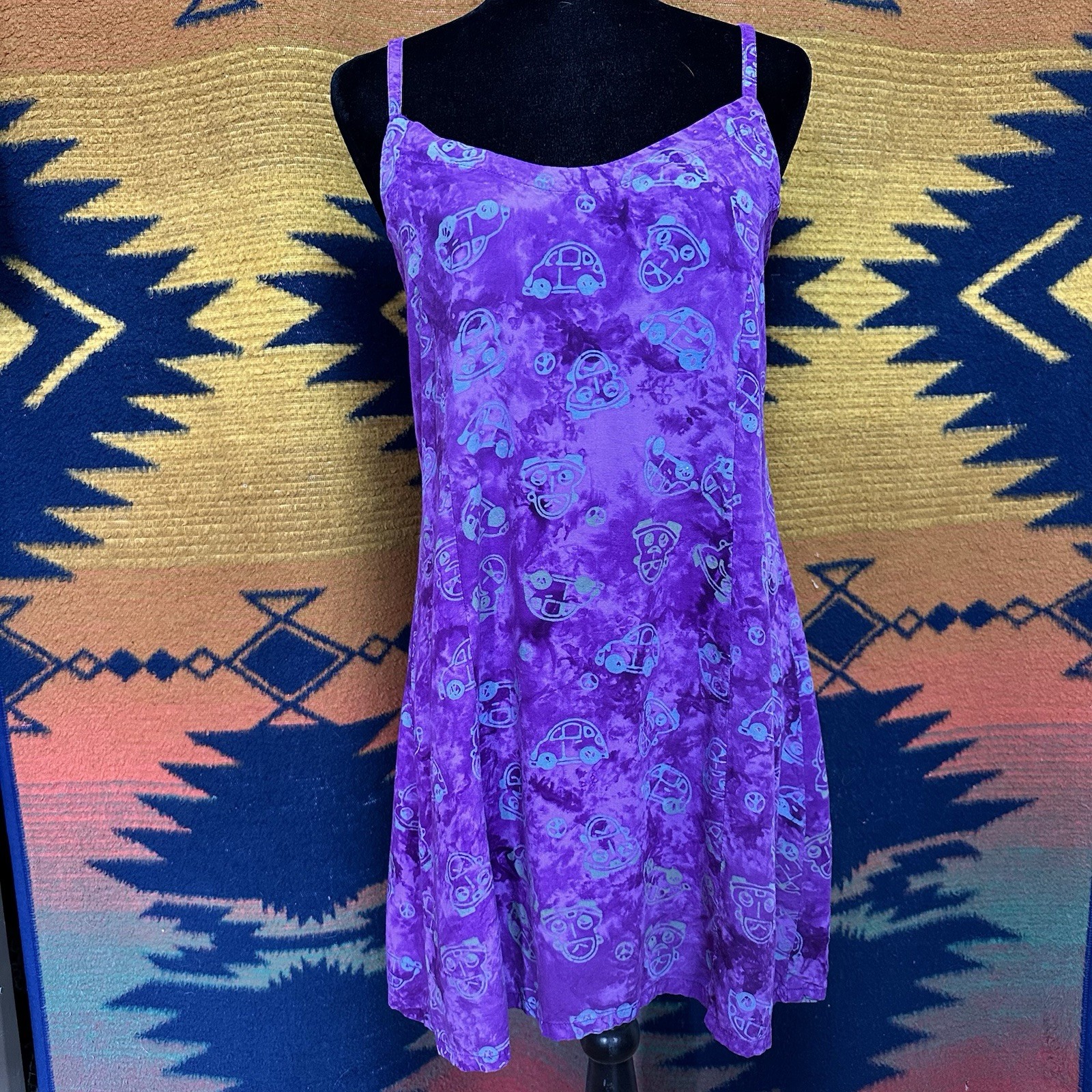 Vintage 90’s Kimberly’s Travels Purple Batik Novelty Rayon Sun Dress. Medium.