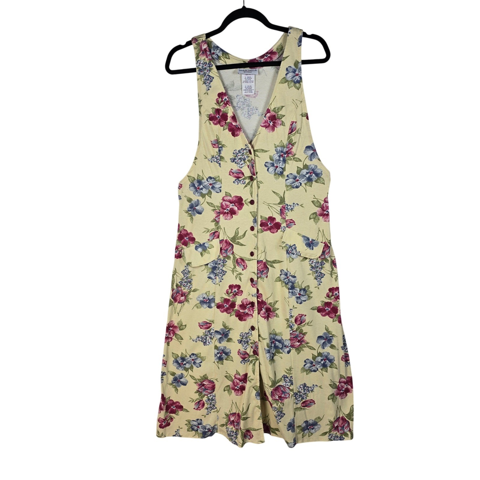 Ashley Taylor Vintage 90s Floral Button Front Jumper Dress Yellow Pink Blue Med
