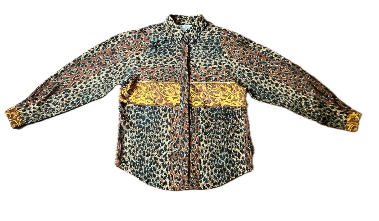 Vintage ’80s Petite Sophisticate Colorful Leopard Print Long Sleeve Blouse S/M