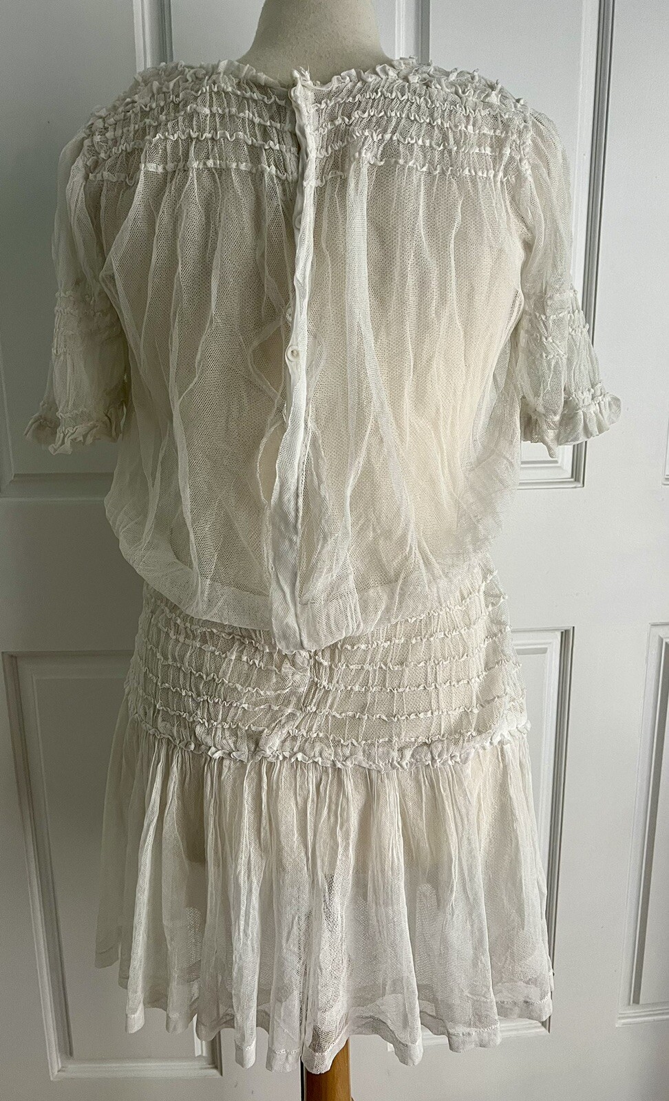 Vintage 1920s White Mesh Tulle Smocked Drop Waist Tunic Style Dress