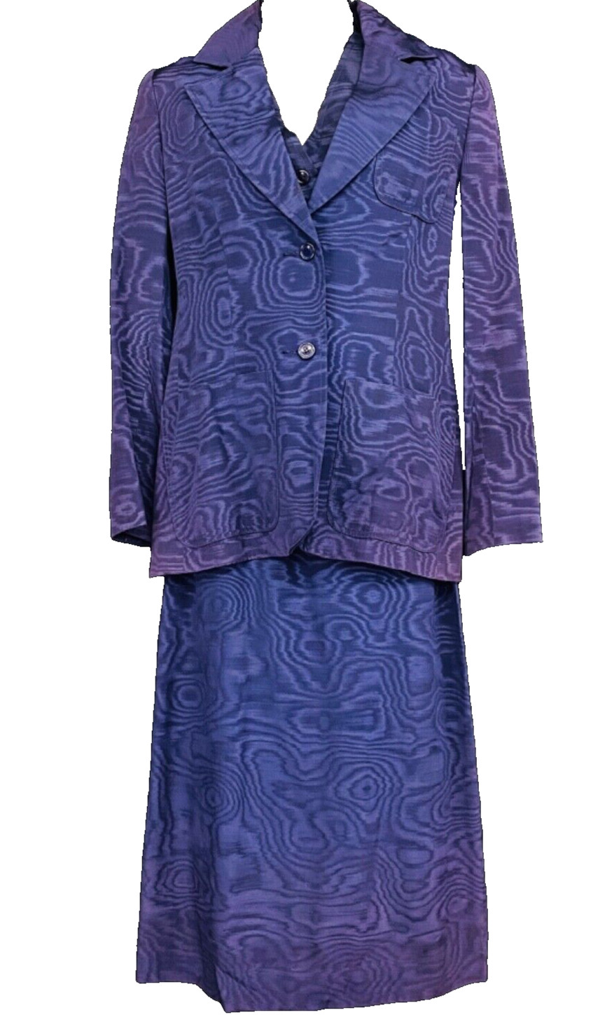 Vintage 1990s blue silk Oscar de la Renta suit navy skirt jacket vest set moire