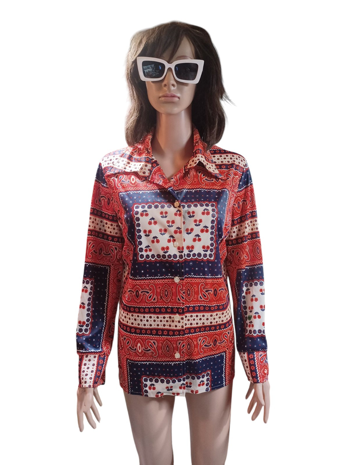 True VTG 1960s 1970s Mid-century Polyester Groovy Ladies Blouse Top Mod L/XL MCM