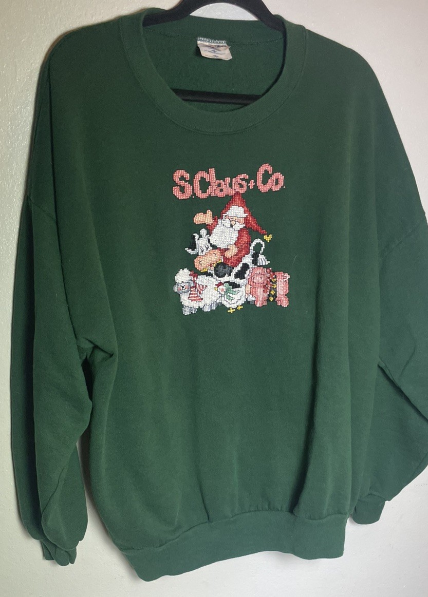 Vintage Christmas Santa Crewneck Sweatshirt Green 50/50 Blend 3X Cross Stitch