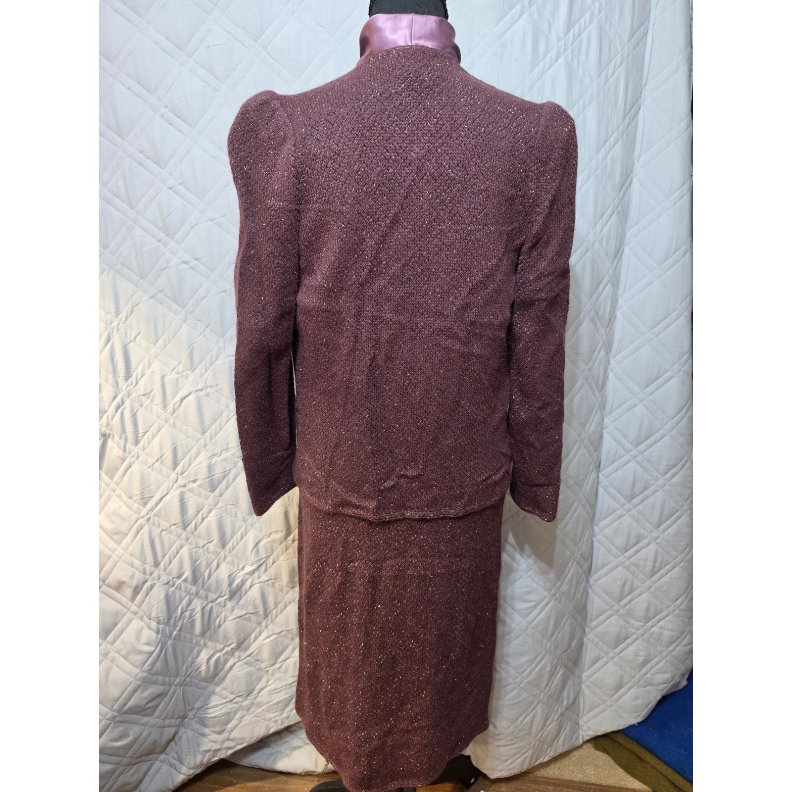 St John 3 Pc Skirt Suit Set Metallic Knit Cardigan Satin Bow Blouse Plum Mauve