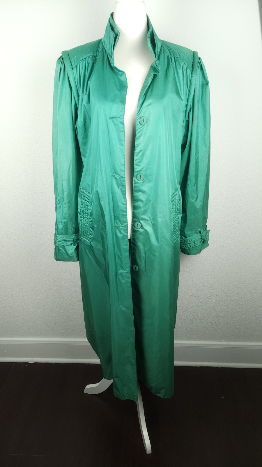 Vintage 70s 80s Green Raincoat Trench Belt Water Resistant Shoulder Pads Size M