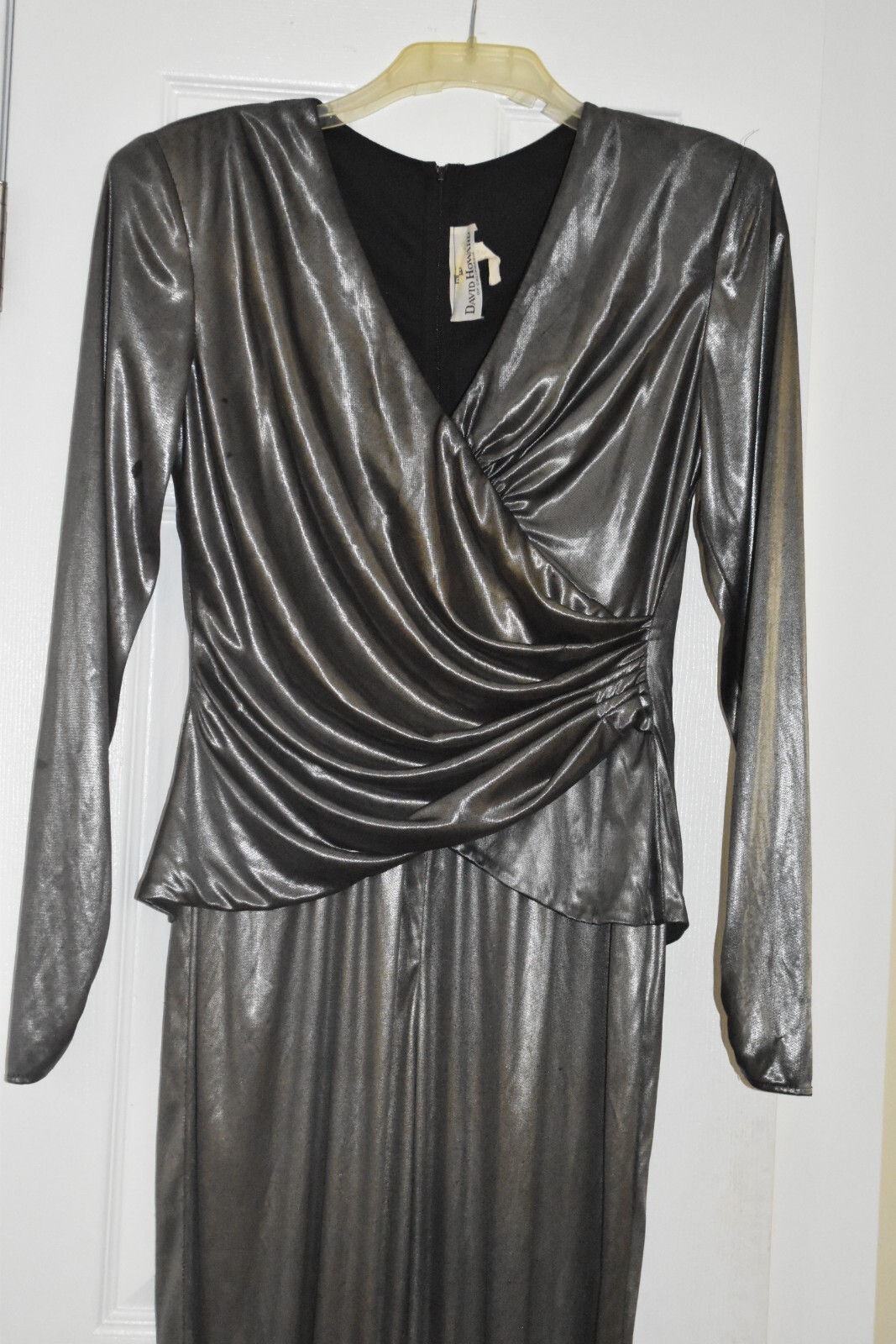 80s DISCO David Howard Silver Metallic Satin Jumpsuit One Piece Lounge petite 12