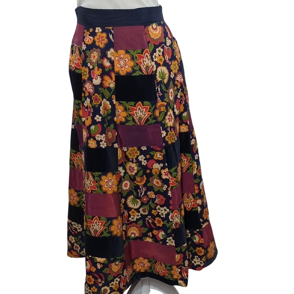 Vintage 70s Velvet Patchwork Wrap Maxi Skirt Bohemian Hippie Florals Festival