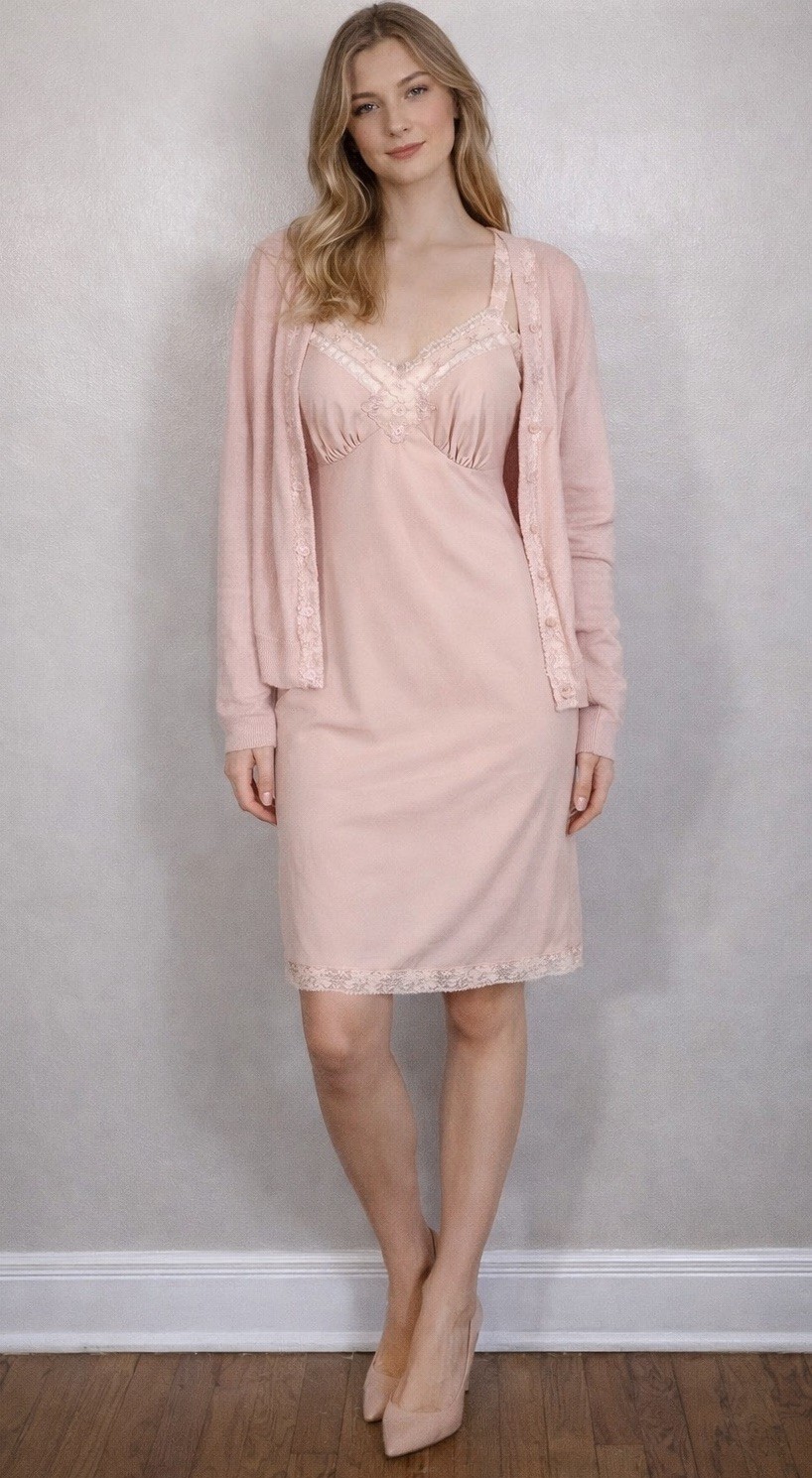 60s Lorraine Nude Nylon Lace Trim Full Slip Dress Coquette Minimal Lingerie Sz S