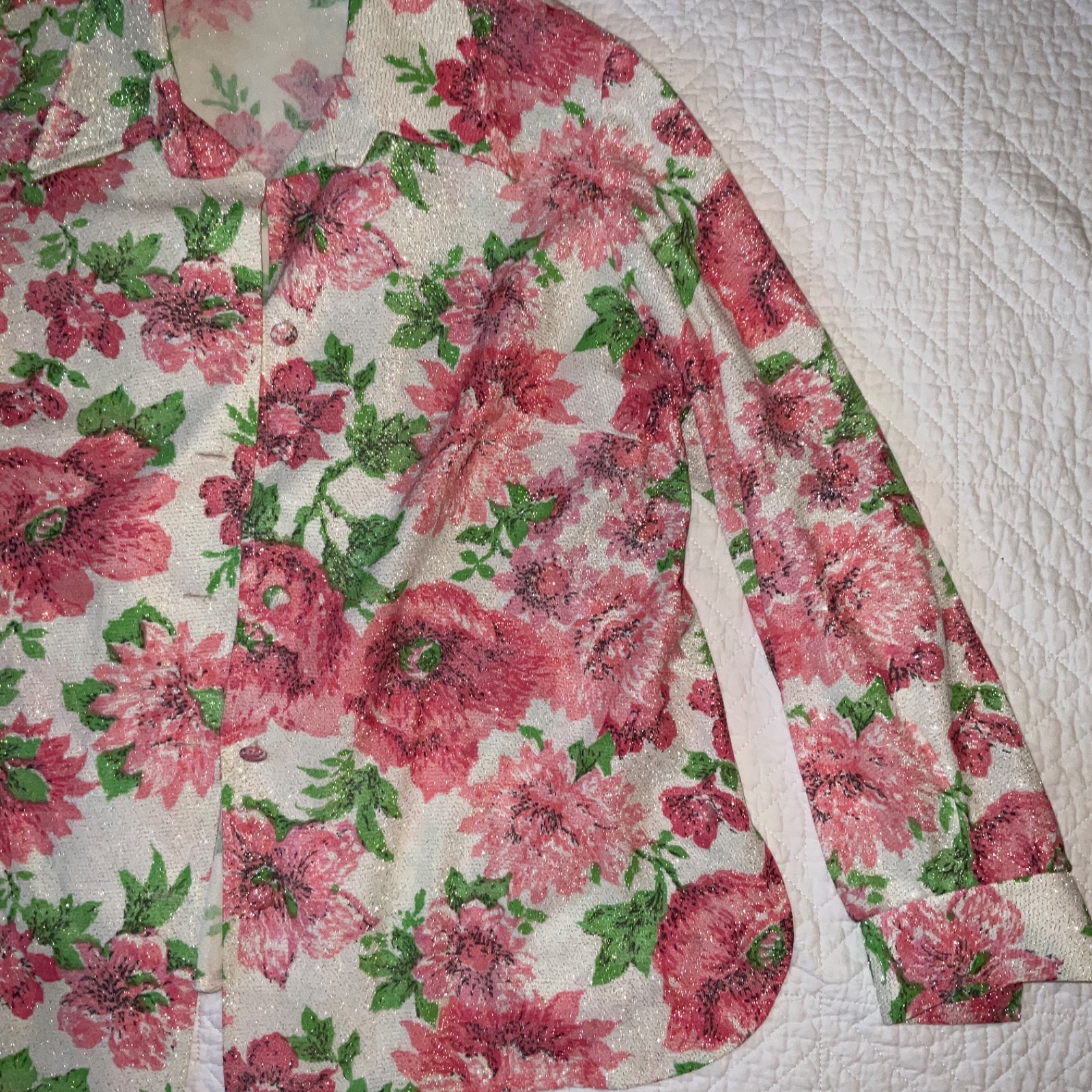 Vintage 60s maxi dress shirt set Womens size 18 XL floral metallic pink green