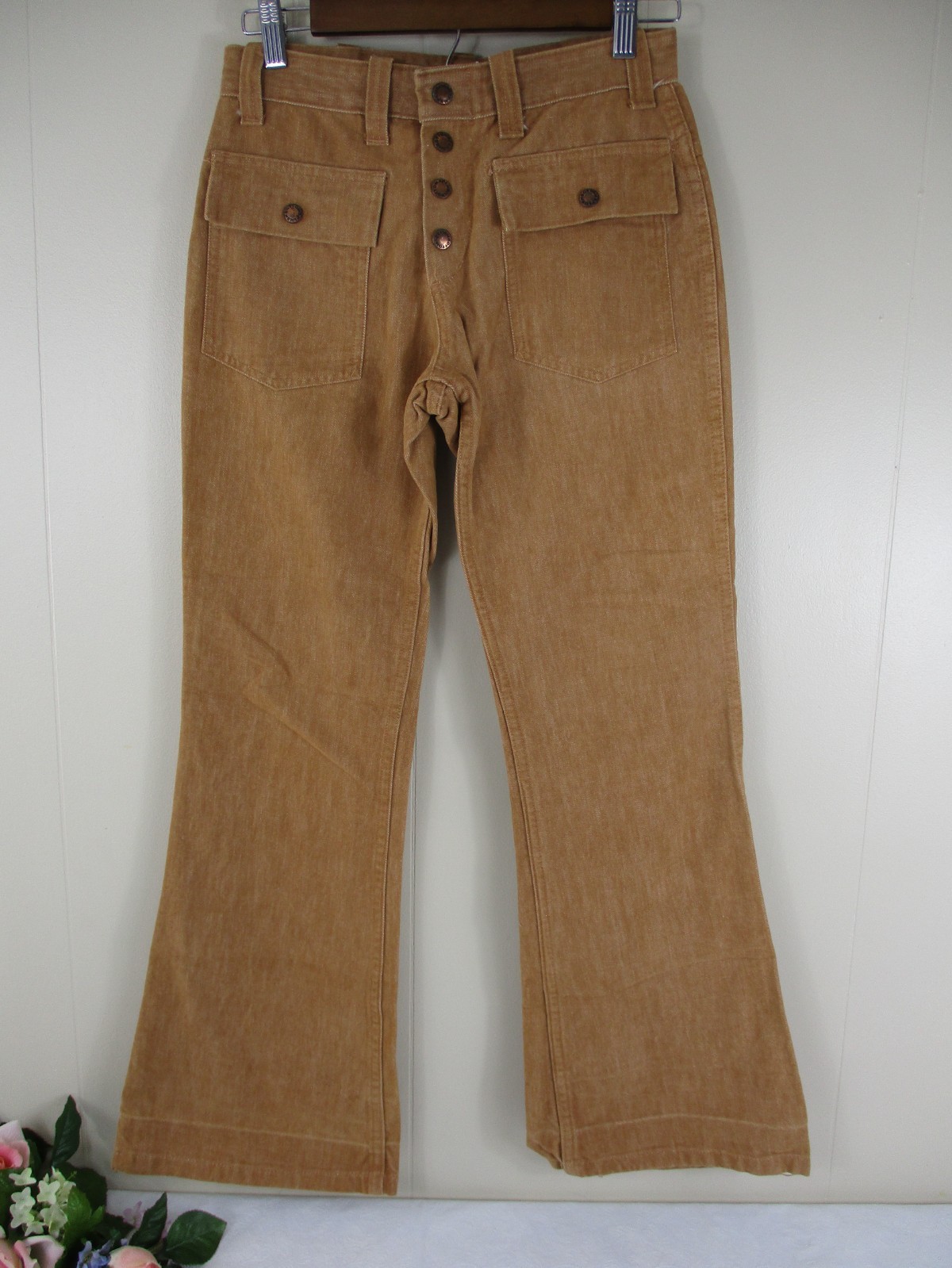 VTG 70’s Plush Bottoms Bell Bottom Snap Fly Jeans Boho Hippy 27 X 29 Brown Twill