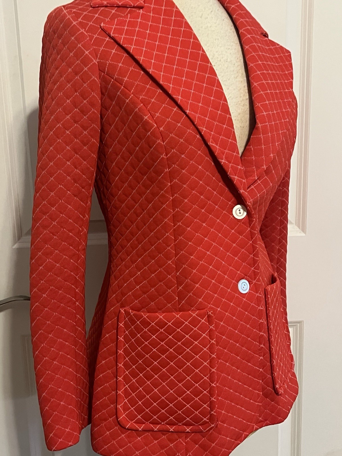 Vtg Red Blazer Leisure Suit Jacket Womens 60 70s Polyester Kmart Diamond Pattern