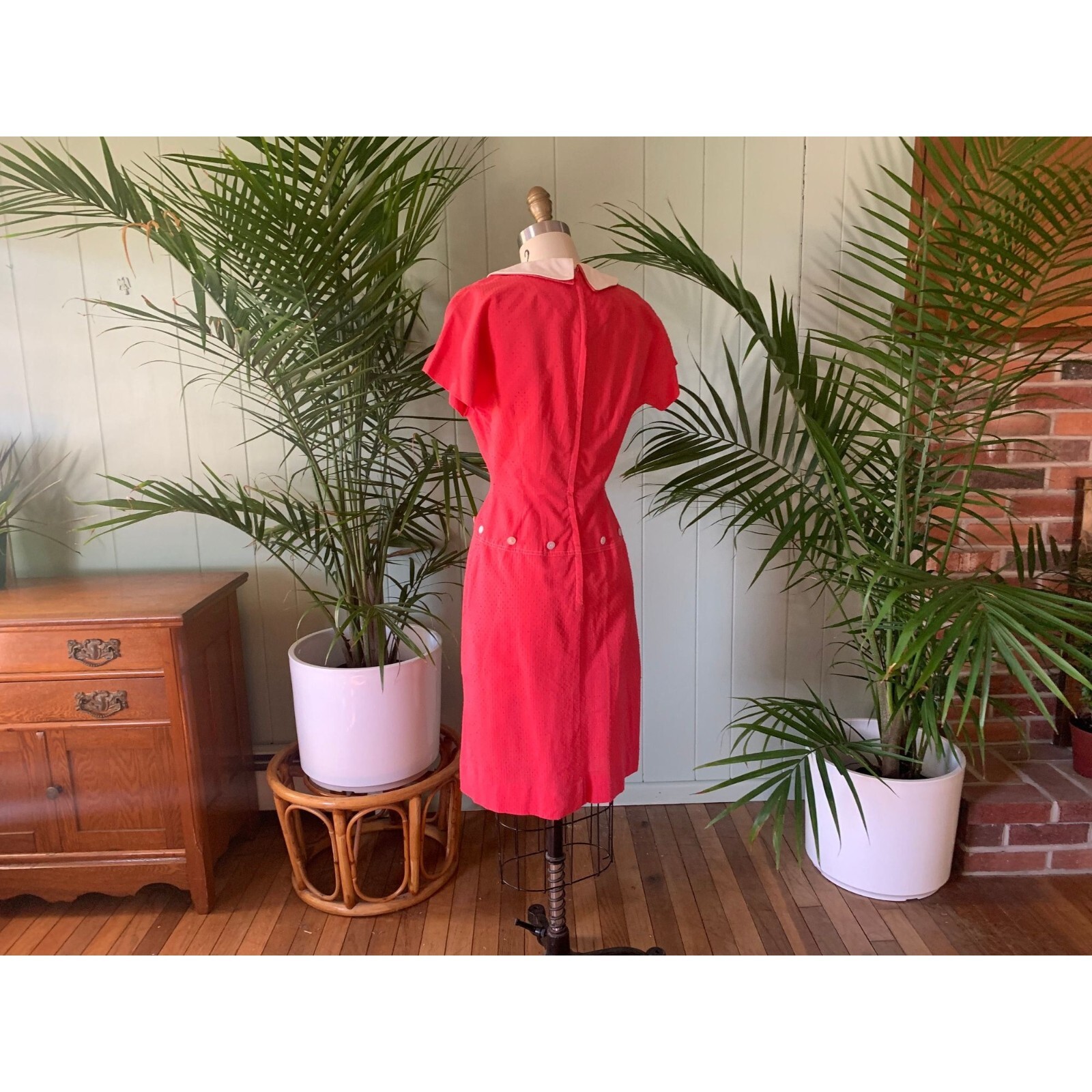 Vintage 1960s Red Dotted Swiss Cotton Dress White Collar Yellow Red Scarf