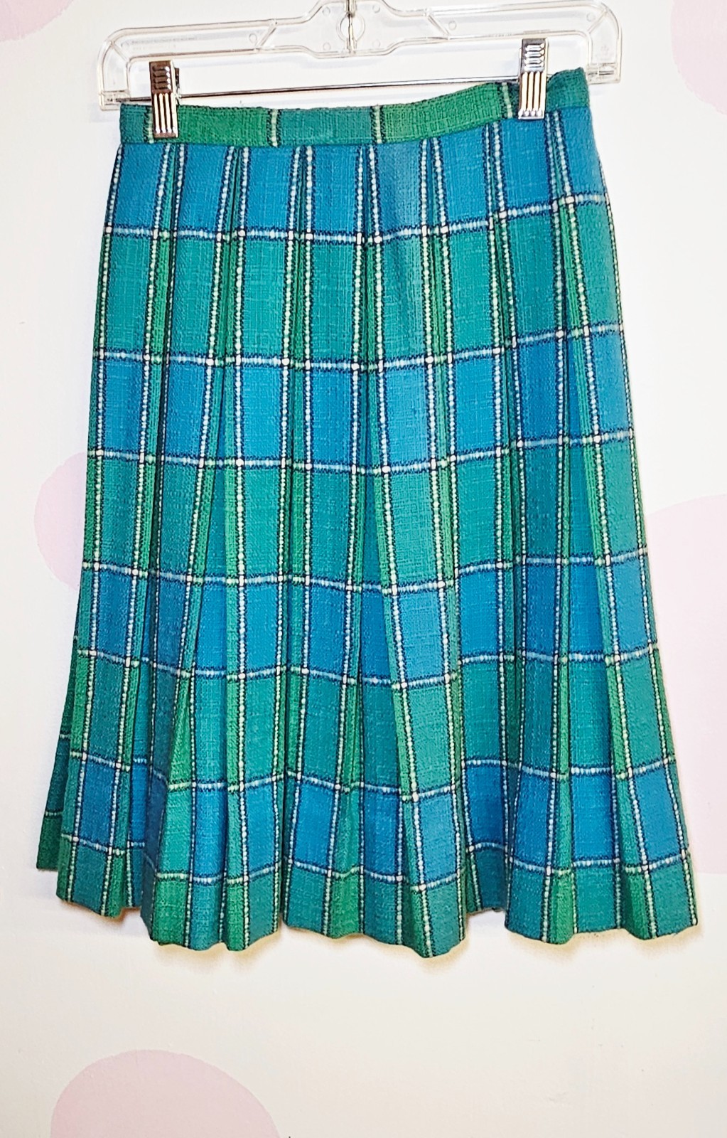 Vintage 1960’s Aline Pleaded Blue and Green Plaid Skirt Size Small