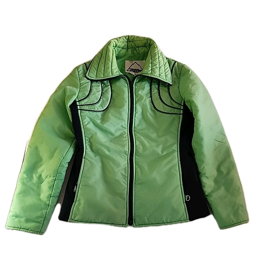 Vintage women’s Snuggler ski jacket Sz 12 Long Mint Green & Blue 80s Hong Kong